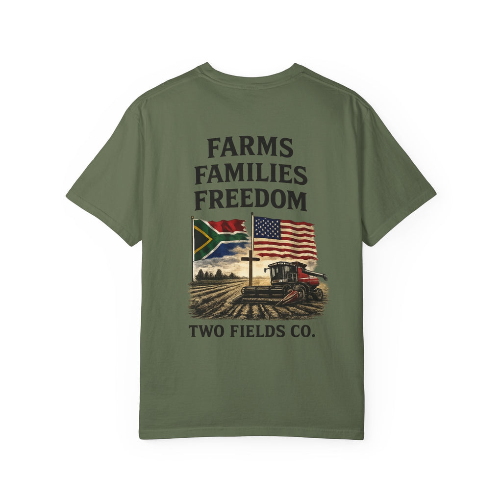 Dark green graphic farm T-shirt with 'FARMS FAMILIES FREEDOM' and tractor print