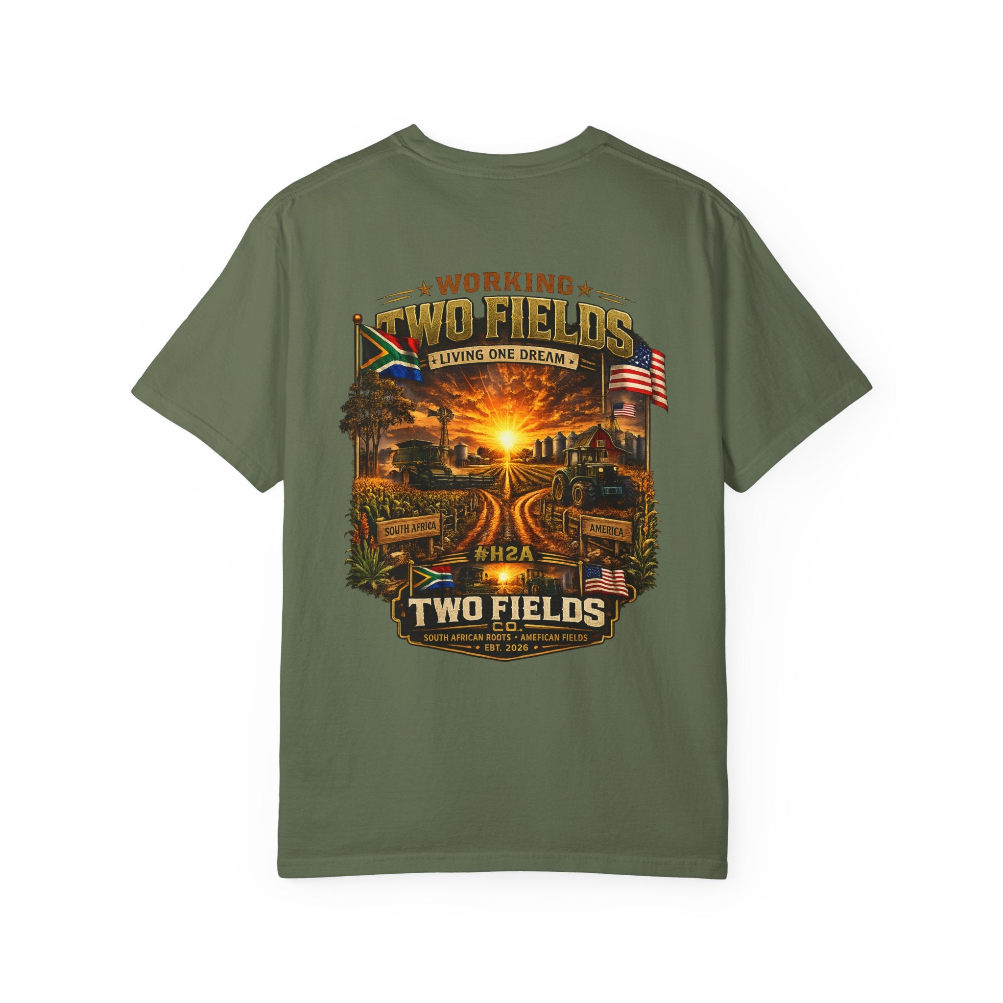 Olive T-shirt with large front farm sunset graphic and “Two Fields” print