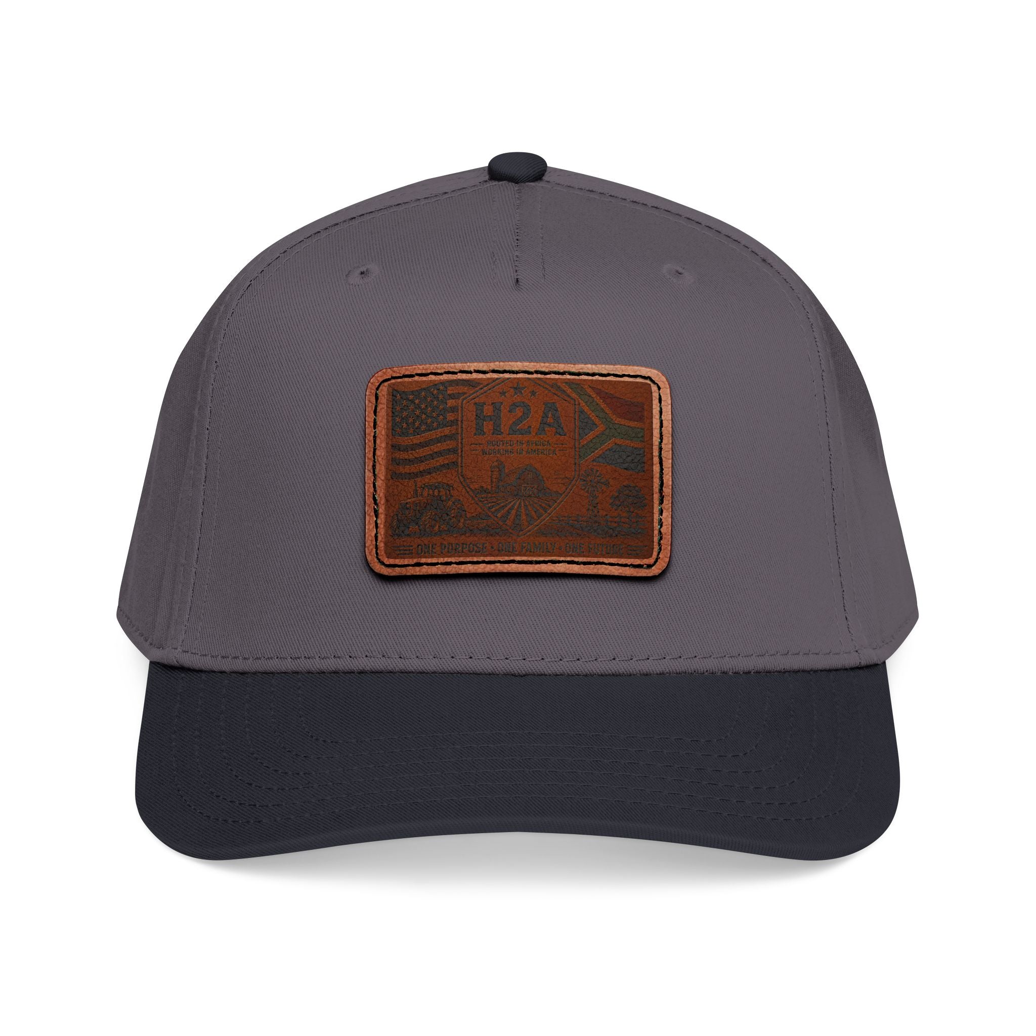 Gray baseball cap with dark navy brim and rectangular H2A flag patch