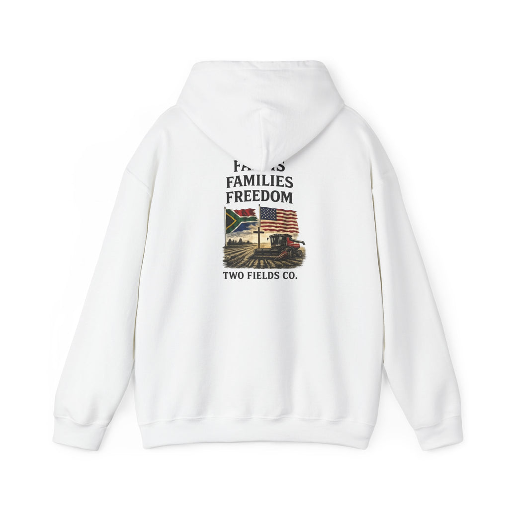 White pullover hoodie with back graphic text and landscape, hood with drawstring, Two Fields Co.