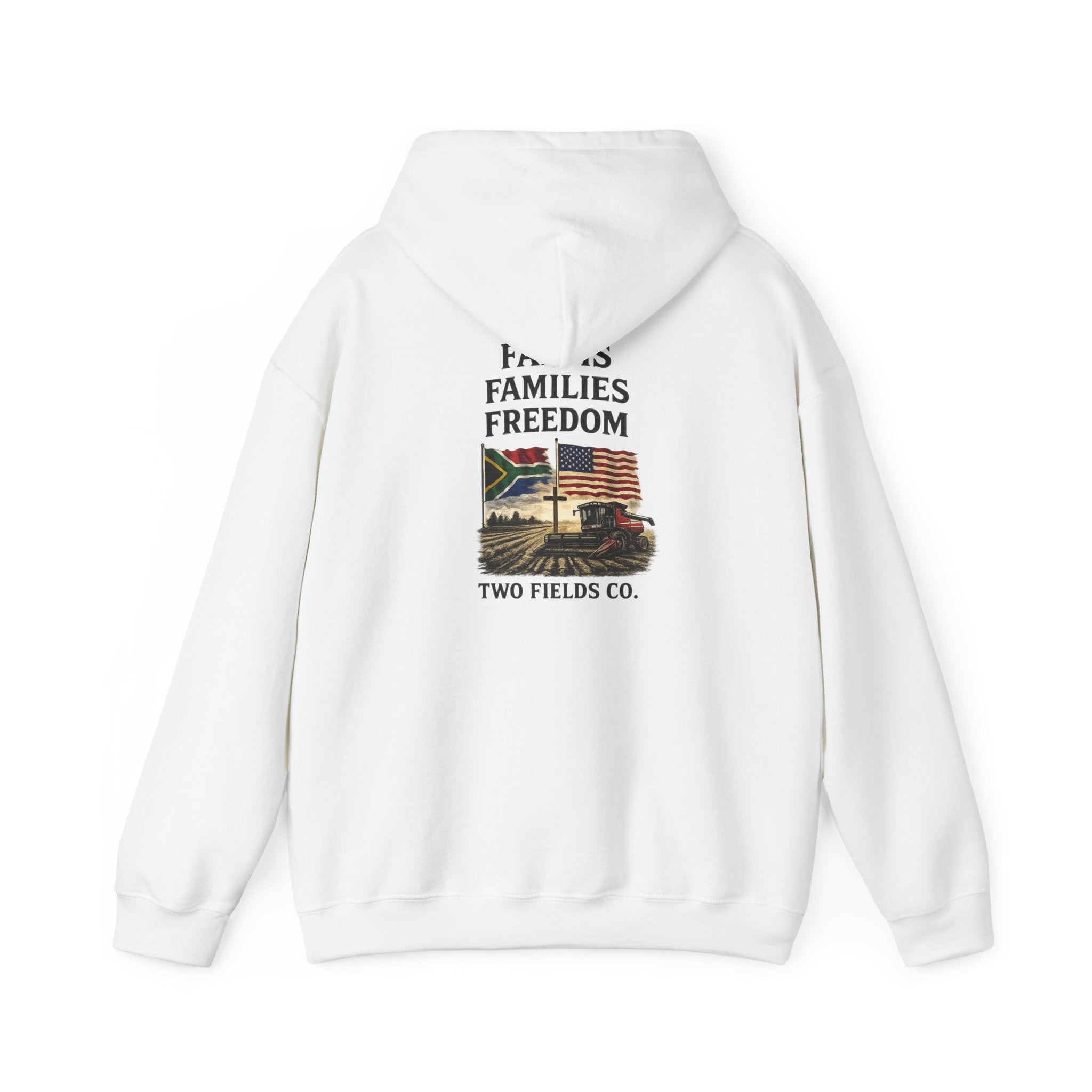 White pullover hoodie with back graphic text and landscape, hood with drawstring, Two Fields Co.