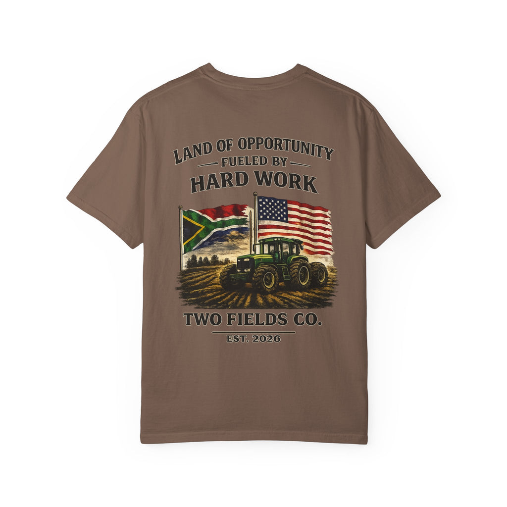 Brown back graphic tractor T-shirt with “Hard Work” text and flag artwork