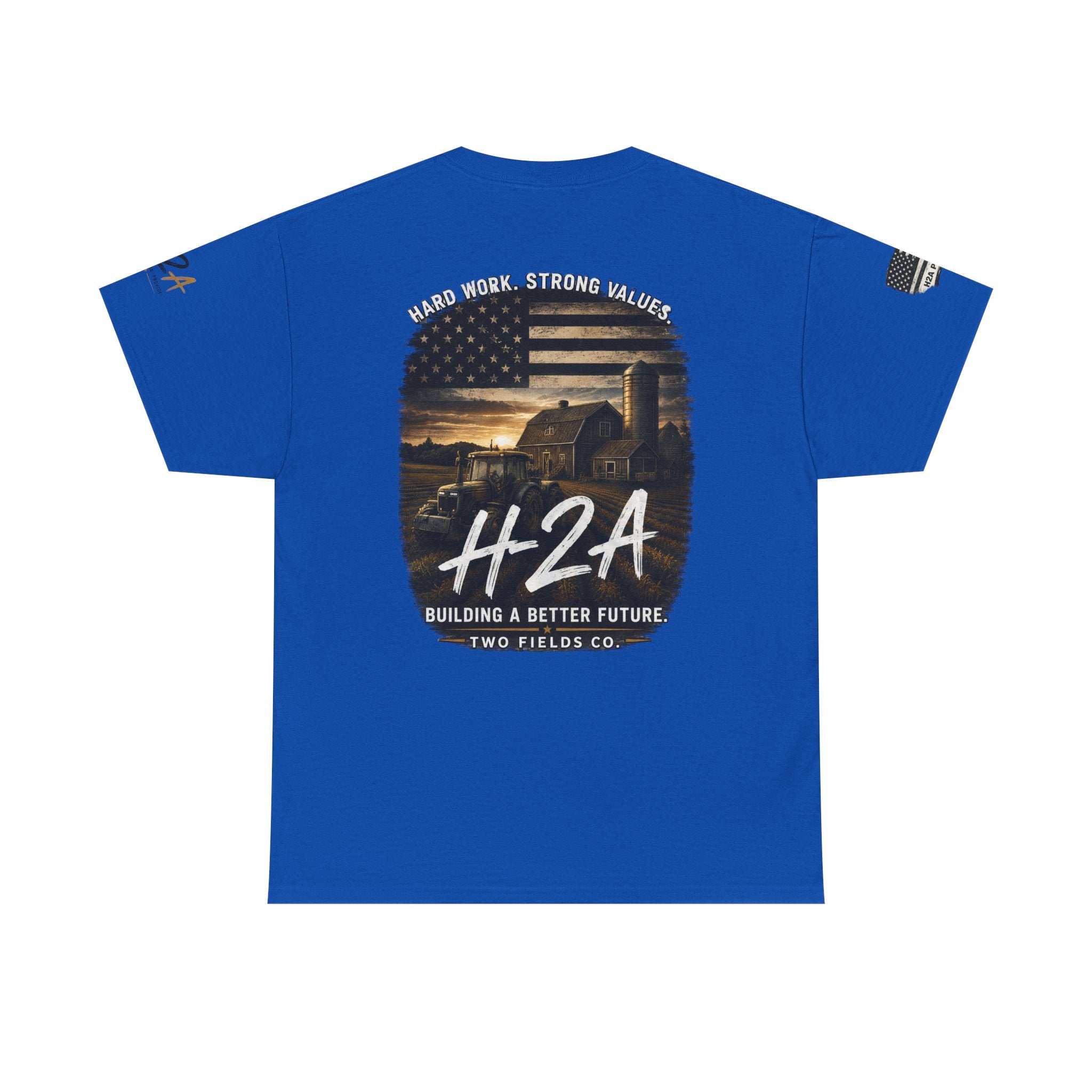 Blue farming T-shirt with back patriotic farm graphic and H2A lettering