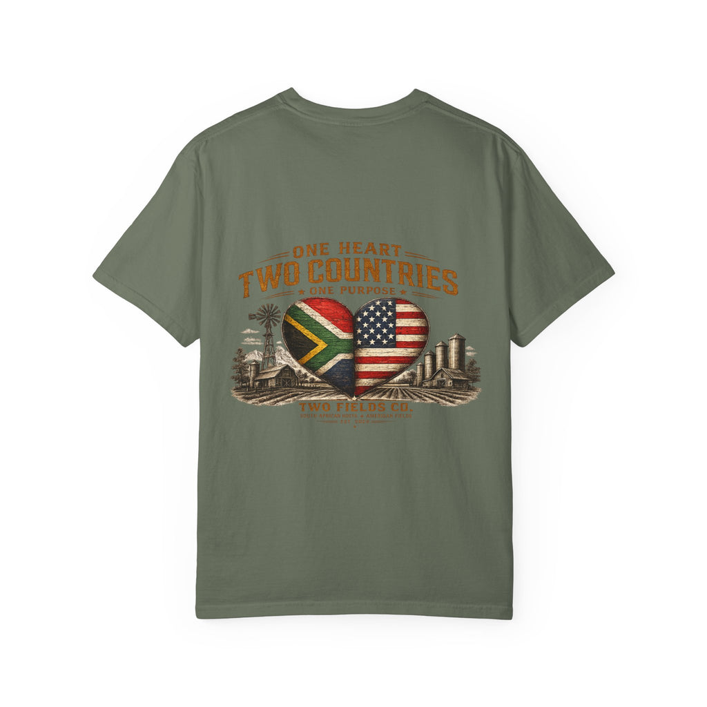 Olive green T-shirt with heart flag graphic centered on front