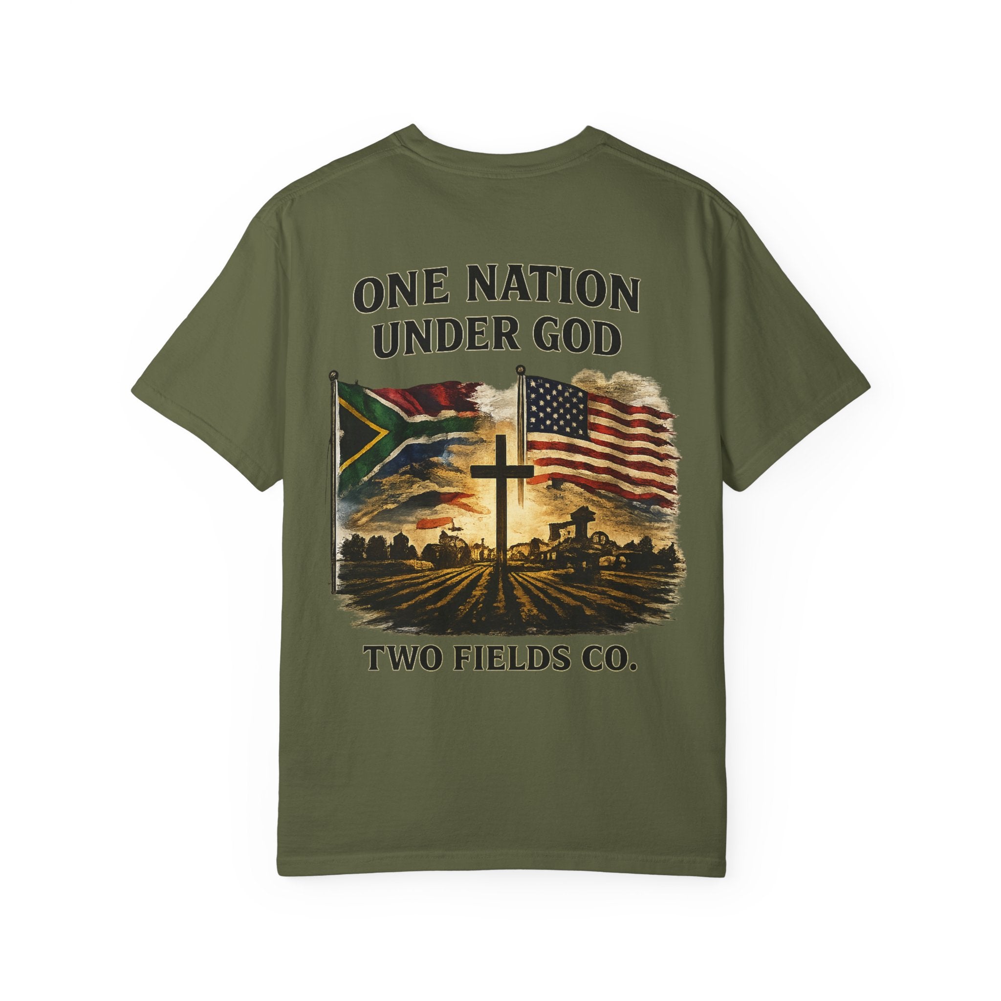 Olive crew-neck T-shirt with patriotic cross flag artwork and text