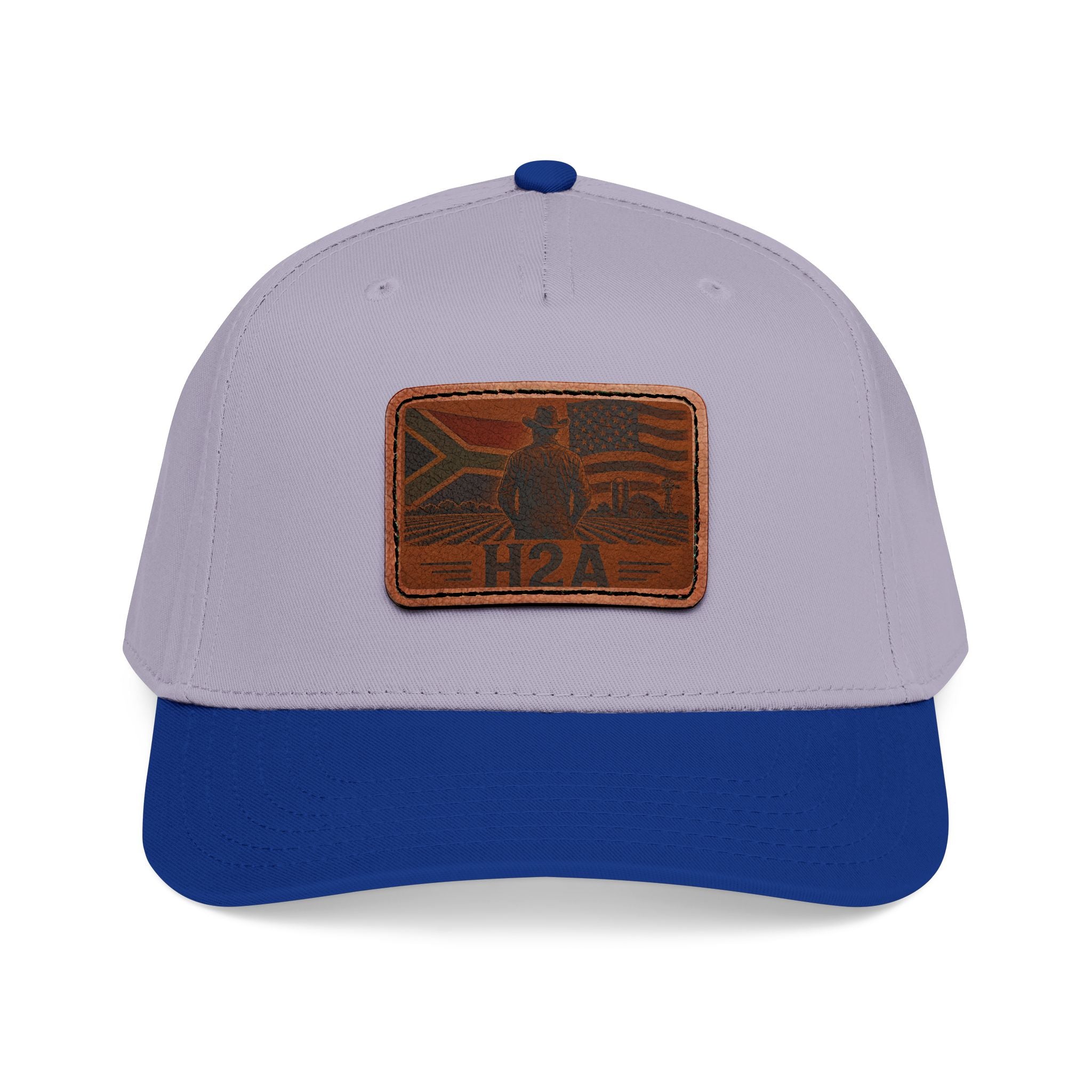 Two-tone leather patch baseball cap in light gray and darker blue with H2A flag patch