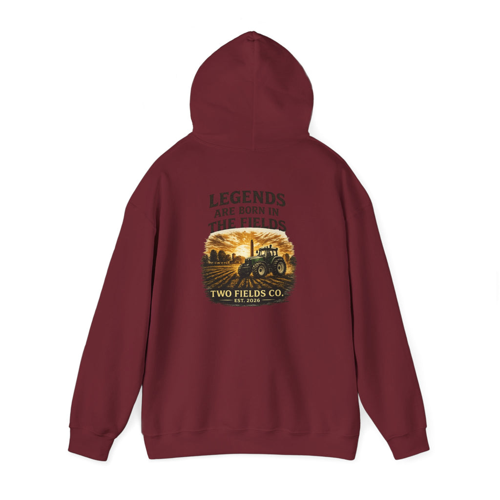 Two Fields burgundy tractor hoodie with back print and pullover hood