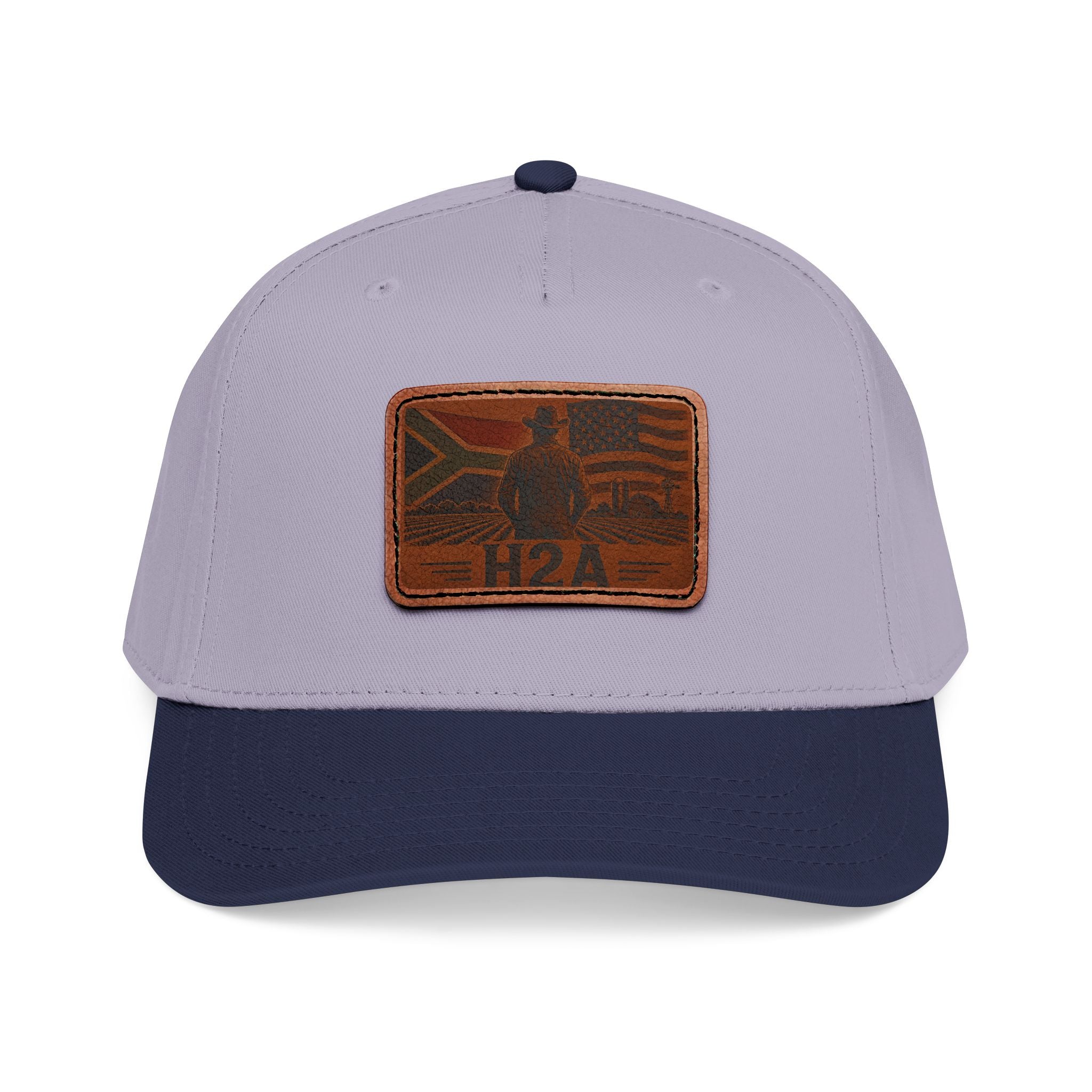 Two-tone baseball cap with light purple crown, navy brim, and rectangular H2A leather patch.