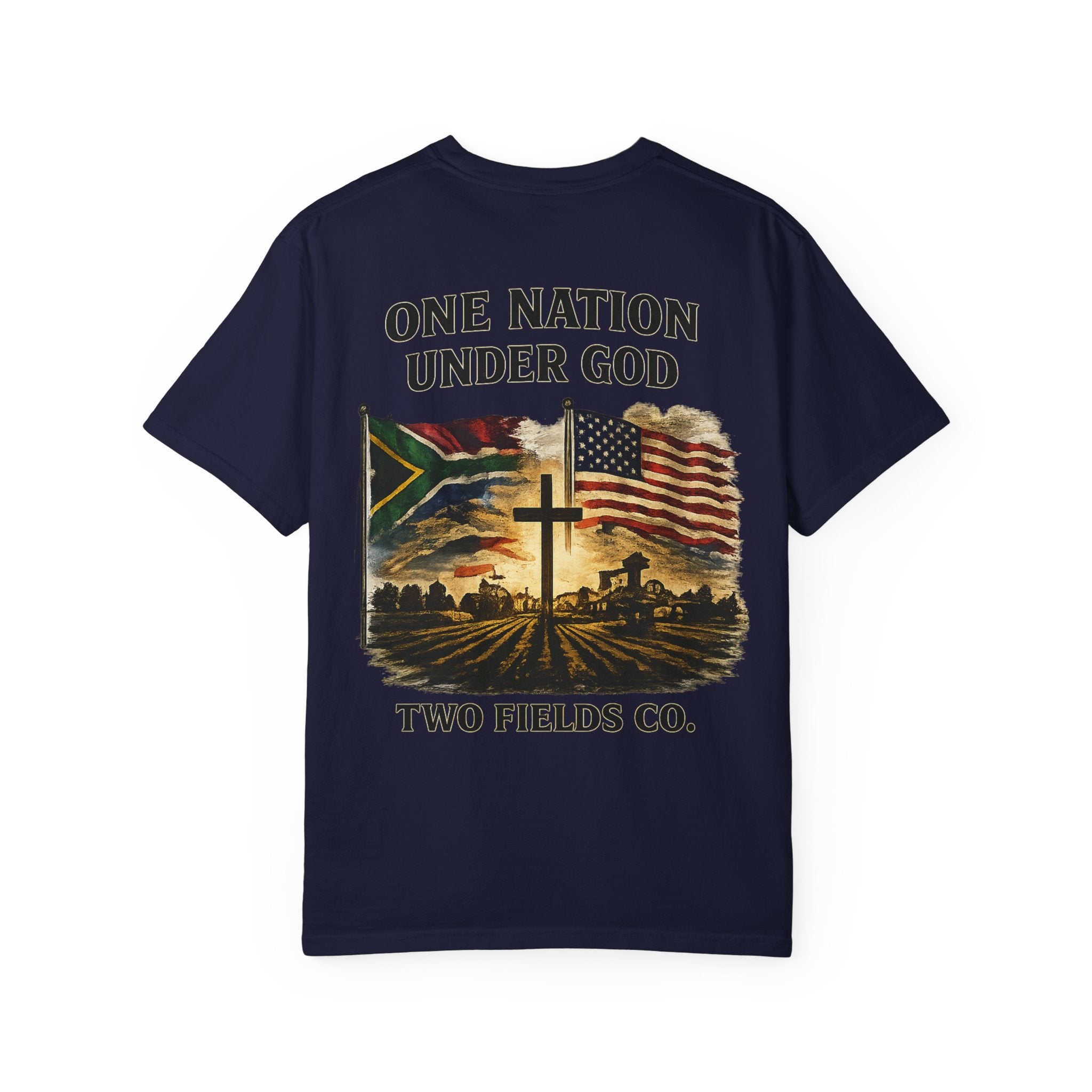 Navy T-shirt with “ONE NATION UNDER GOD” cross and flag graphic on front