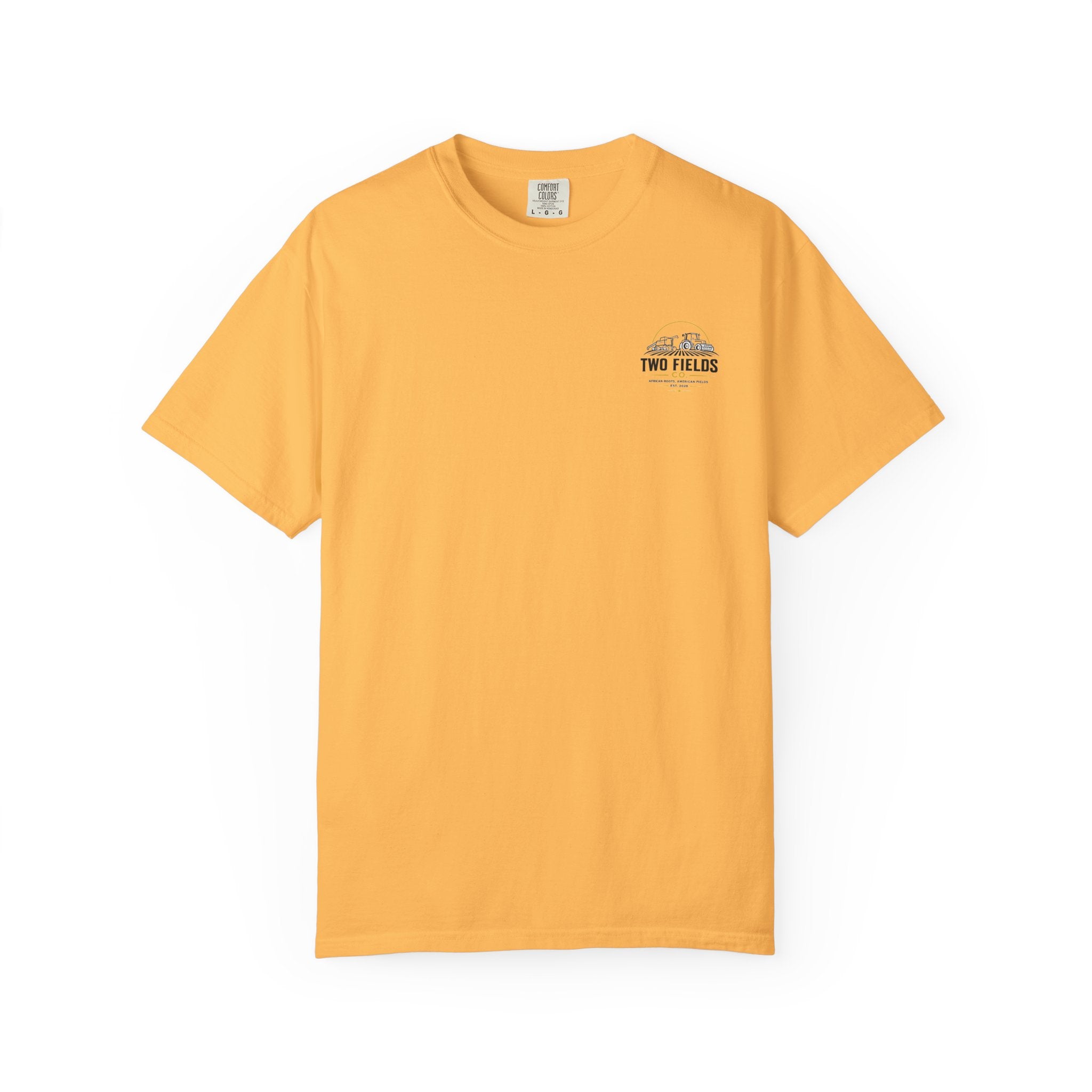 Gold t-shirt with small Two Fields logo on left chest