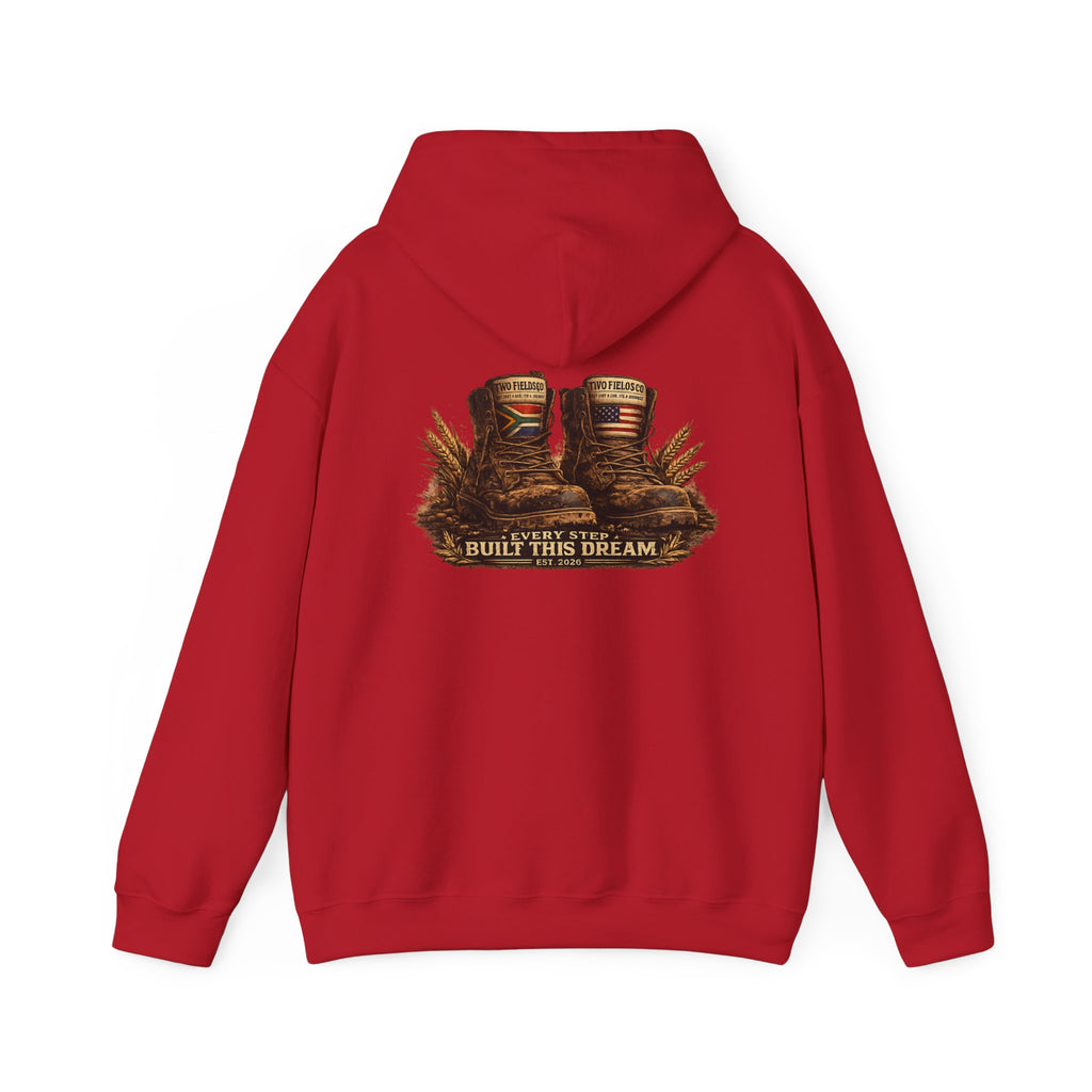 Red hoodie sweatshirt with boots graphic and 'BUILD THIS DREAM' print