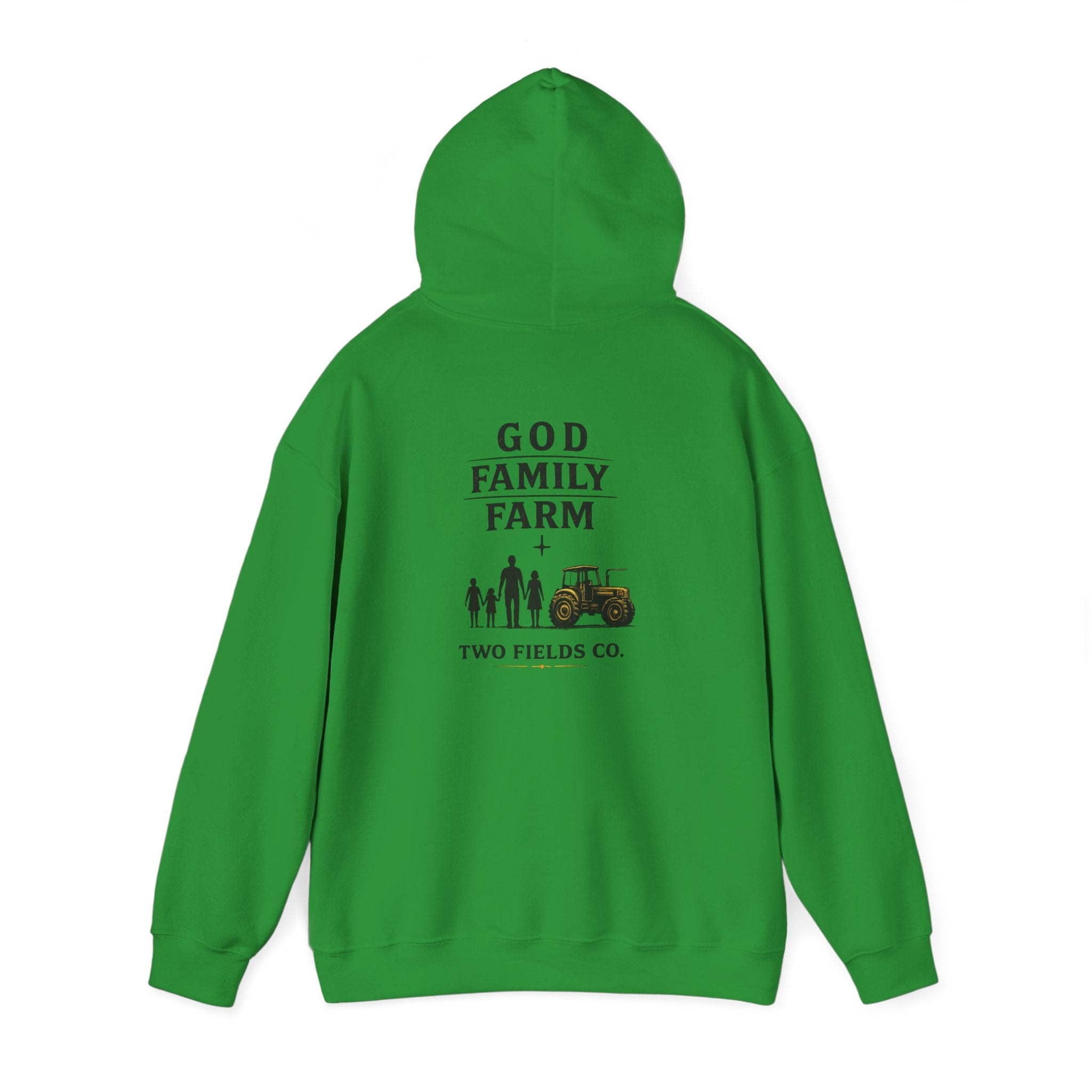 Green hoodie with back print reading "God Family Farm" and tractor graphic