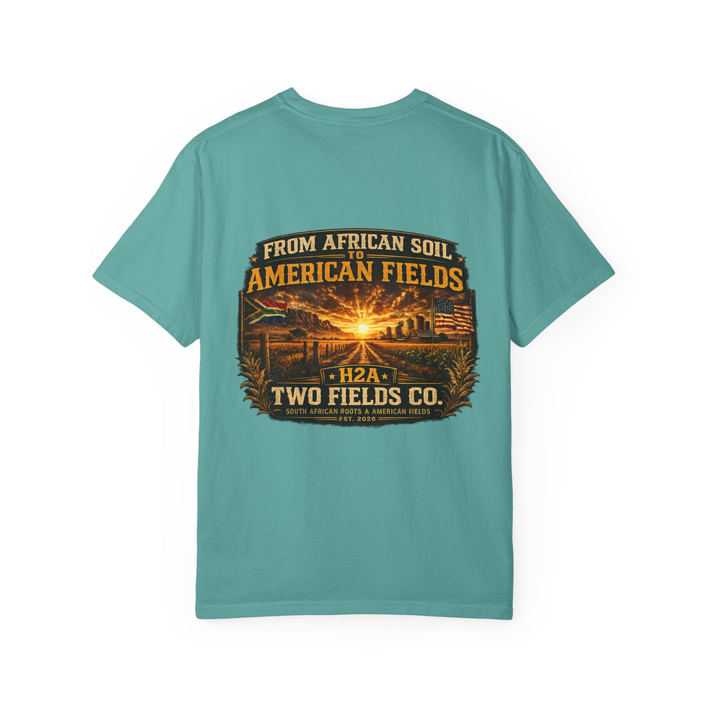 Green t-shirt with vintage farm sunset graphic and “Two Fields Co.” branding