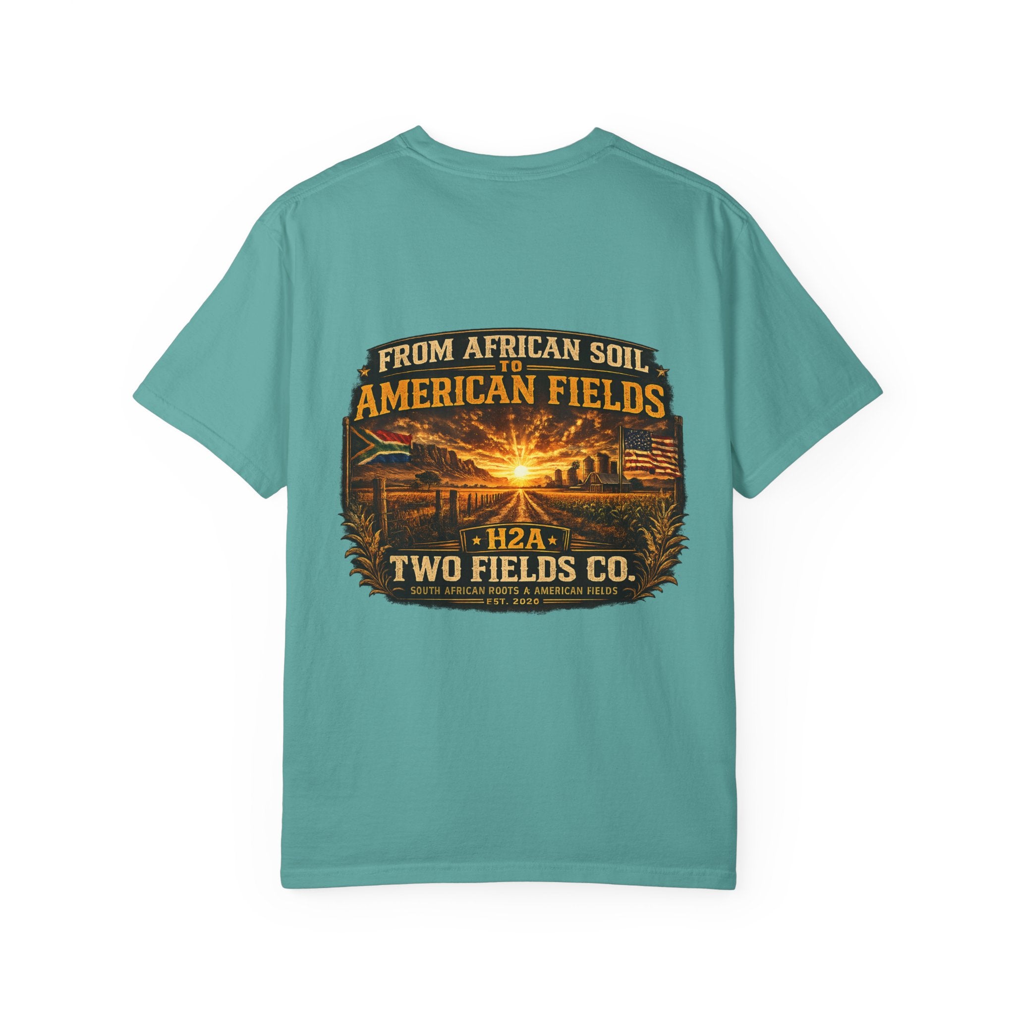 Green t-shirt with vintage farm sunset graphic and “Two Fields Co.” branding