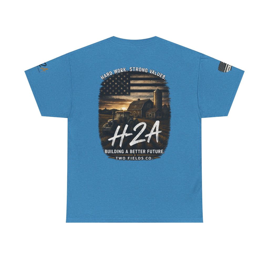Blue crew-neck t-shirt with large back H2A farm scene and American flag