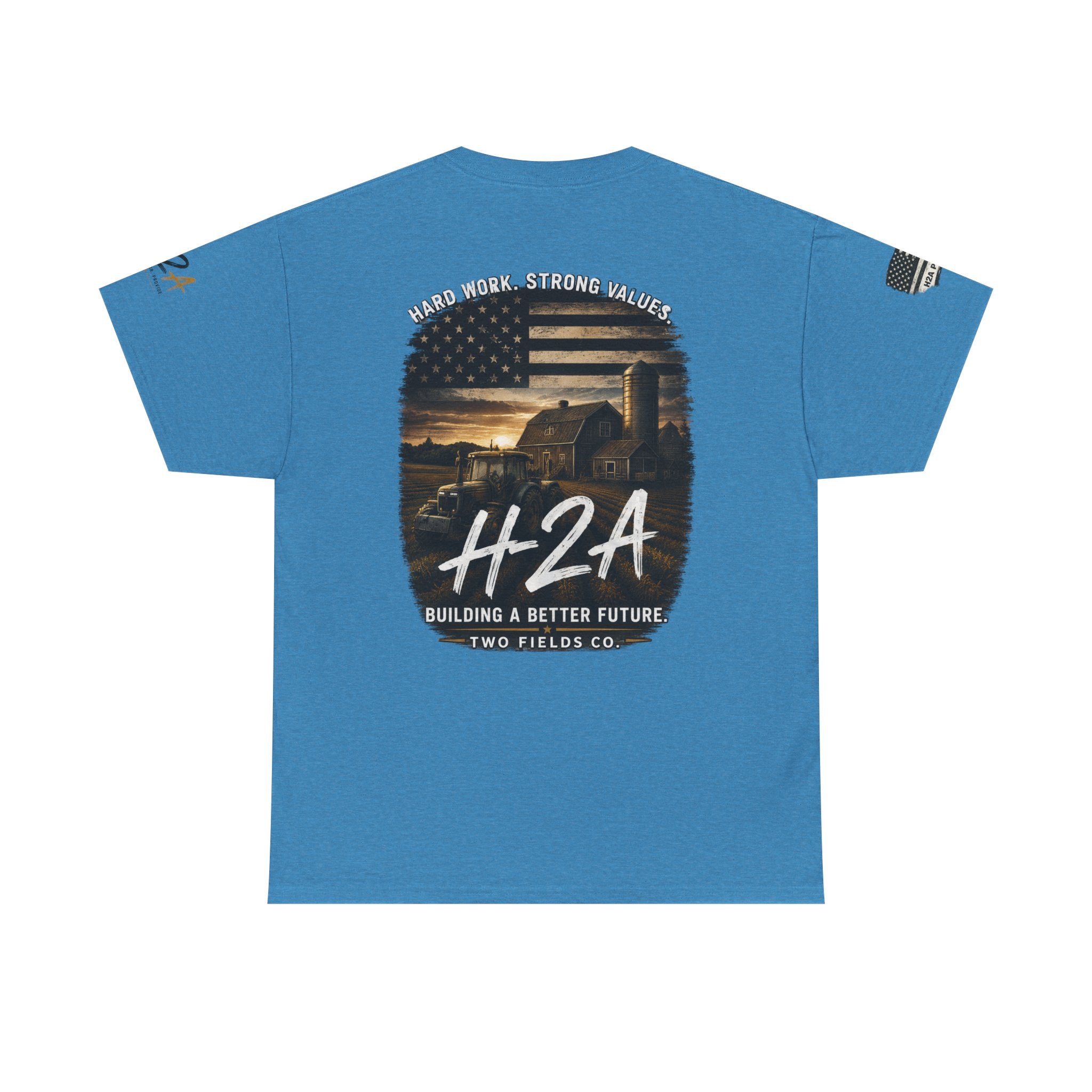 Blue crew-neck t-shirt with large back H2A farm scene and American flag
