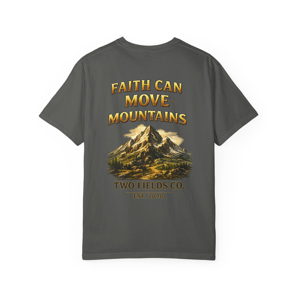 Dark gray mountain graphic T-shirt with front slogan and Two Fields logo