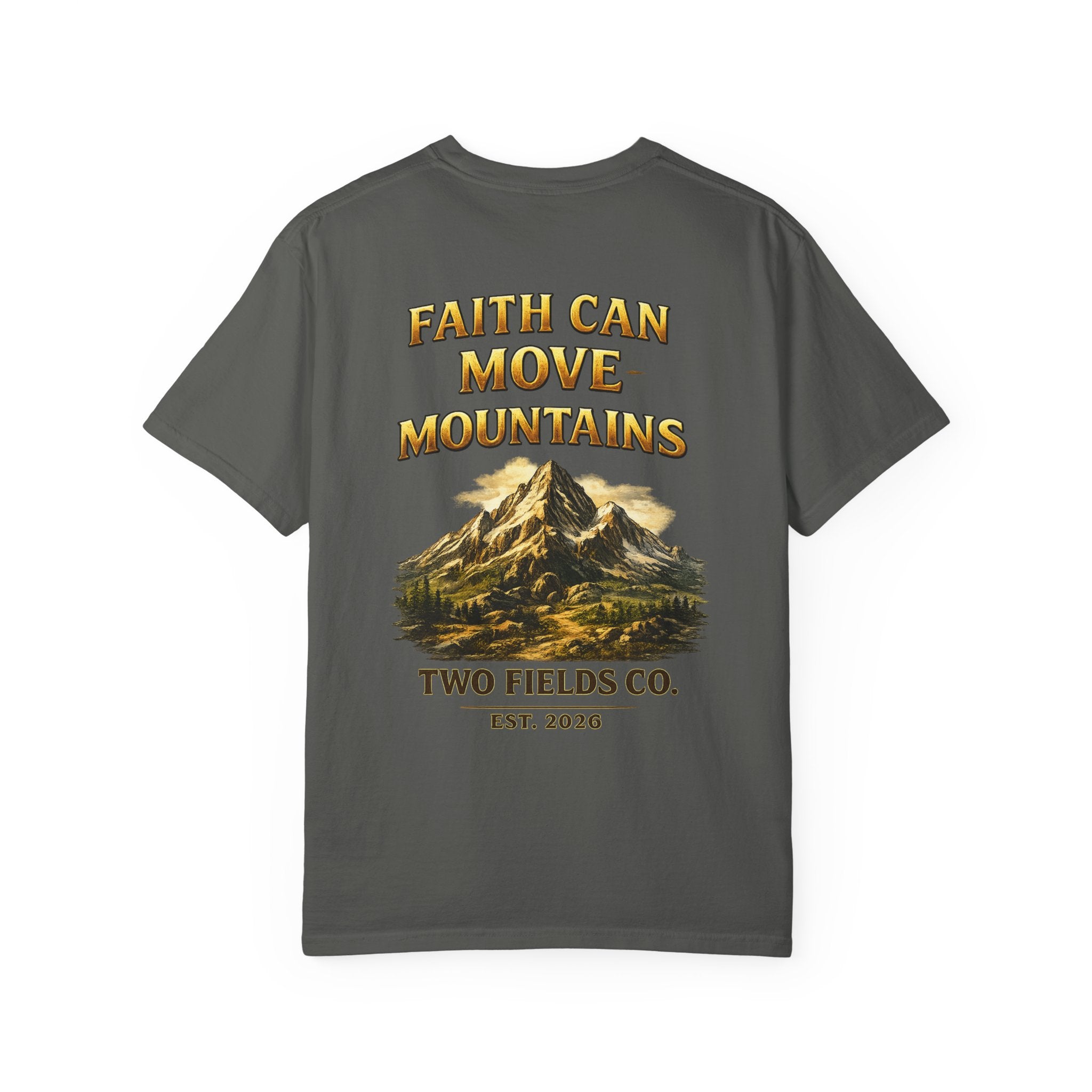 Dark gray mountain graphic T-shirt with front slogan and Two Fields logo