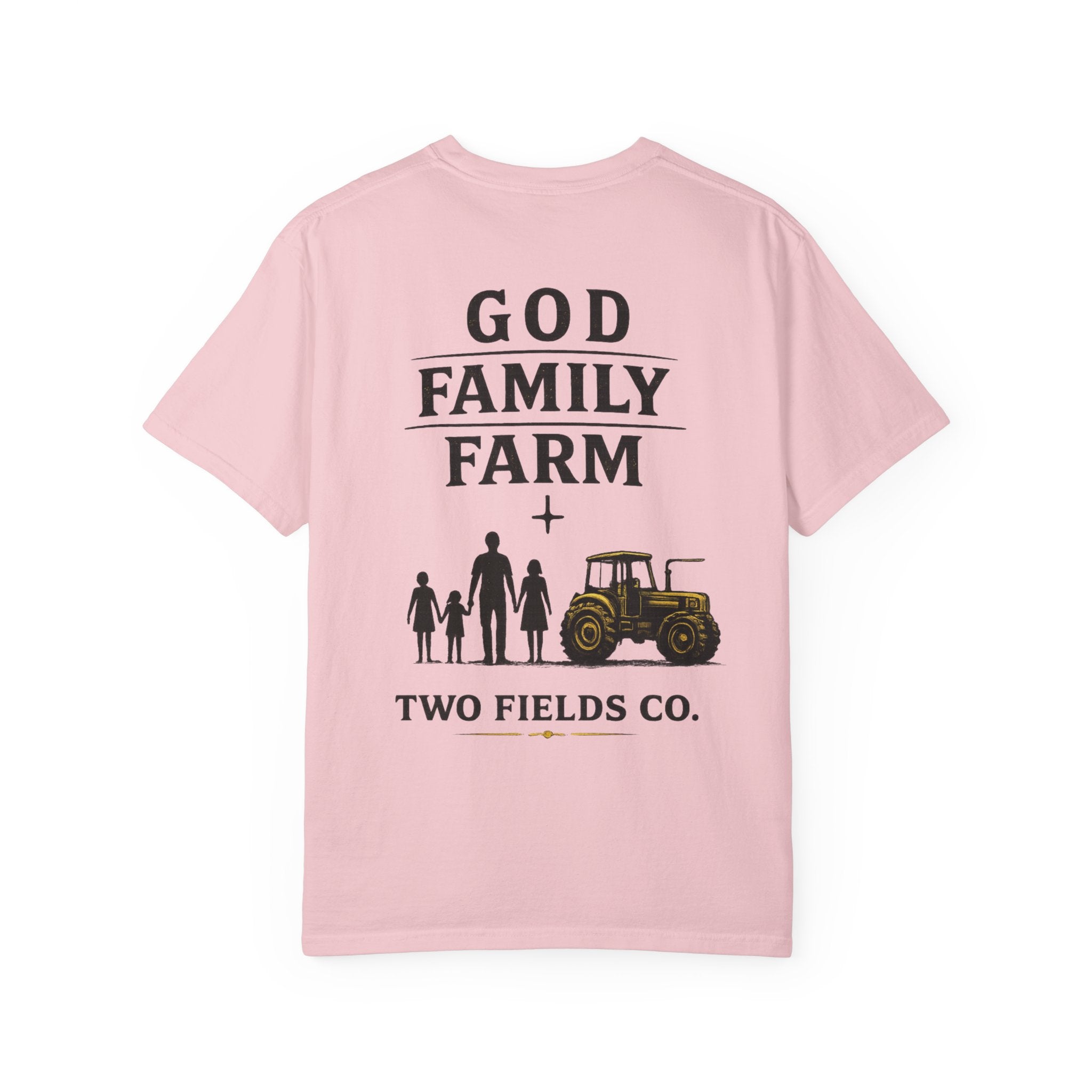 Men's pink crew-neck T-shirt with 'God Family Farm' and tractor family graphic