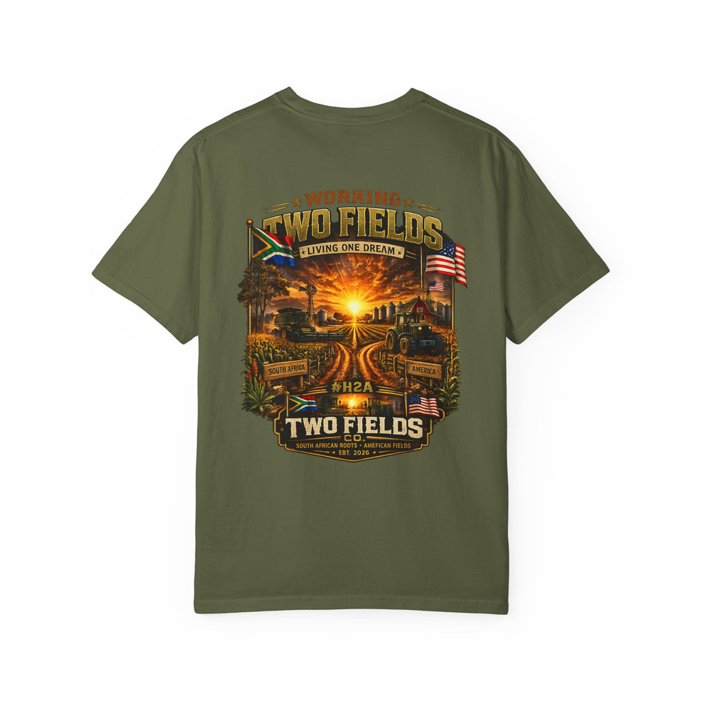 Olive green short-sleeve T-shirt with large farm sunset graphic on front