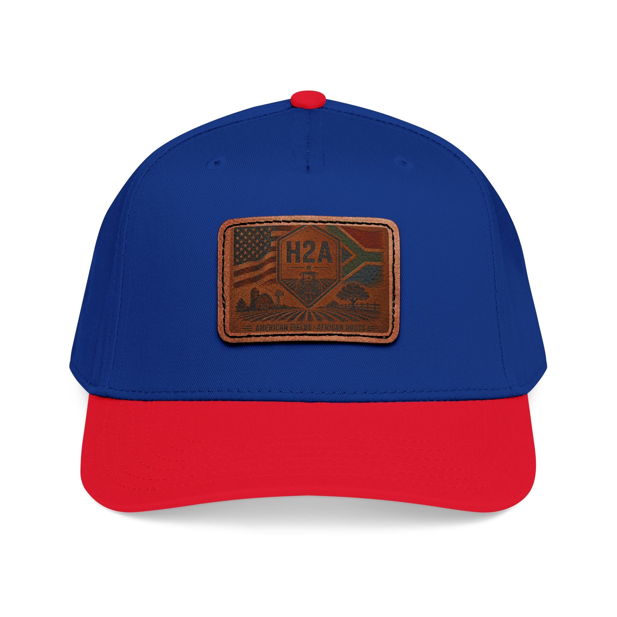 Two-tone baseball cap, royal blue crown with red brim, rectangular H2A patch