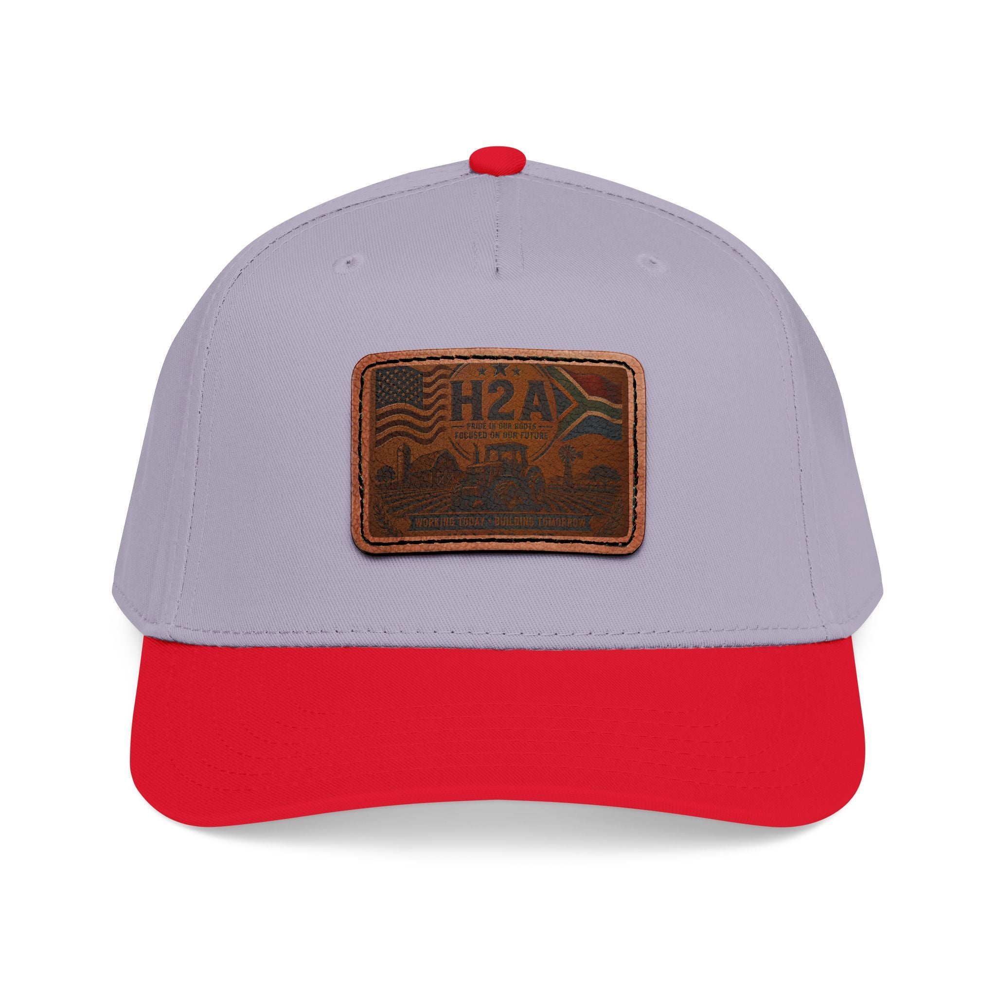 Light gray-and-red baseball cap with rectangular H2A leather patch