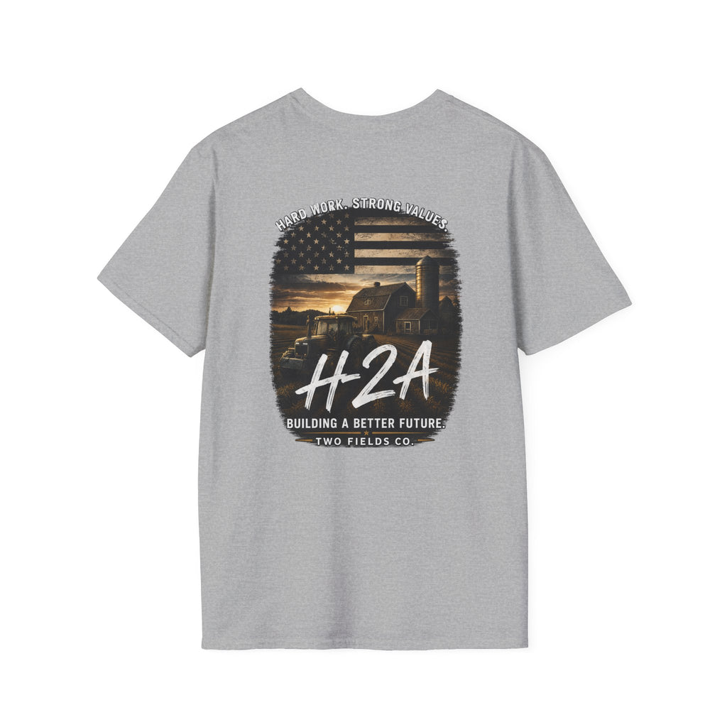 Softstyle T-shirt in heather gray, back H2A graphic with landscape print