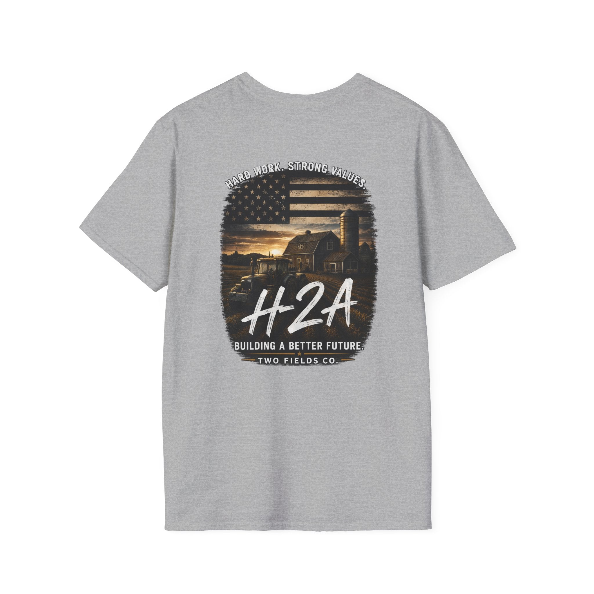 Softstyle T-shirt in heather gray, back H2A graphic with landscape print