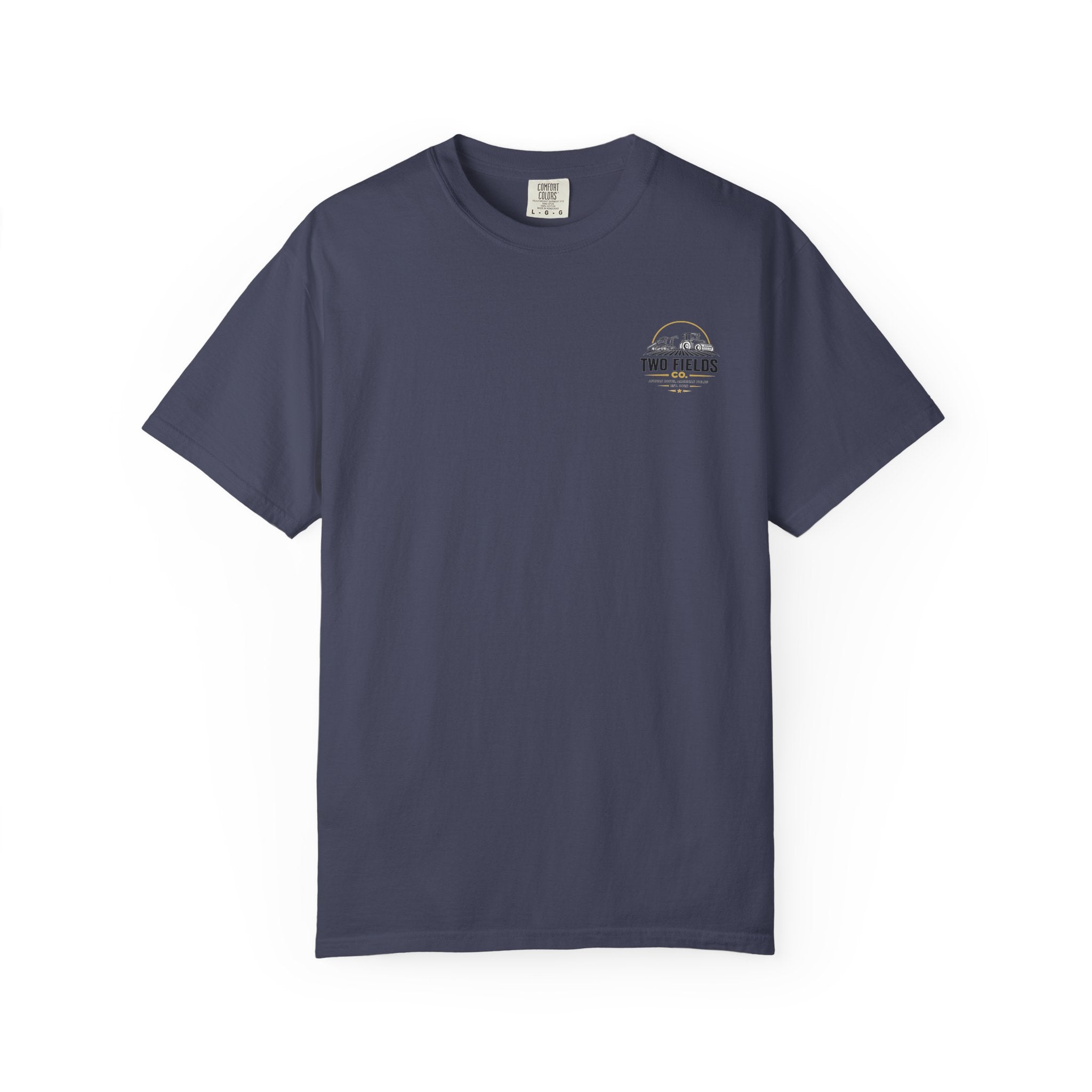 Dark navy crew-neck t-shirt with small chest Two Fields Co. logo graphic