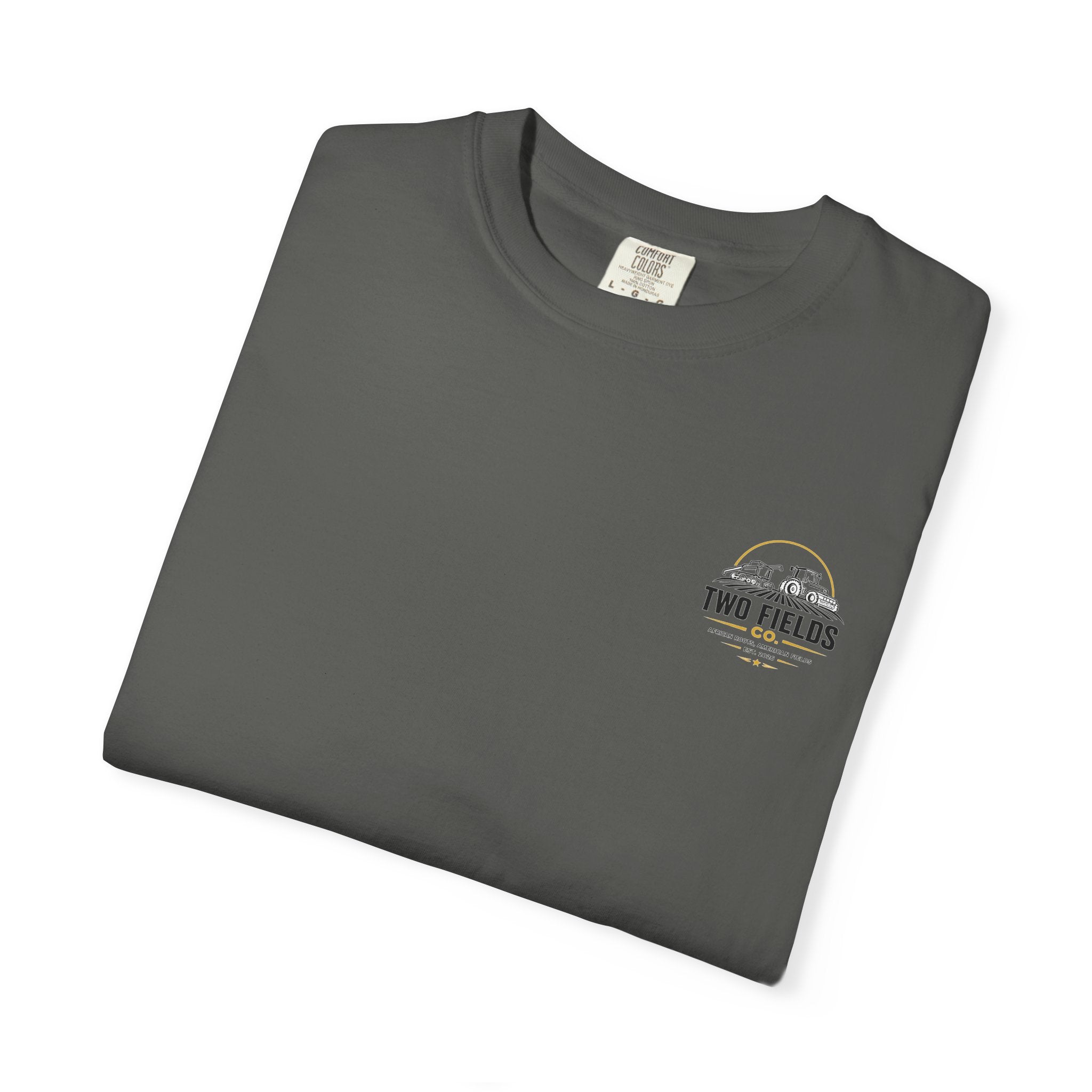 Dark gray T-shirt with small Two Fields Co. chest logo print