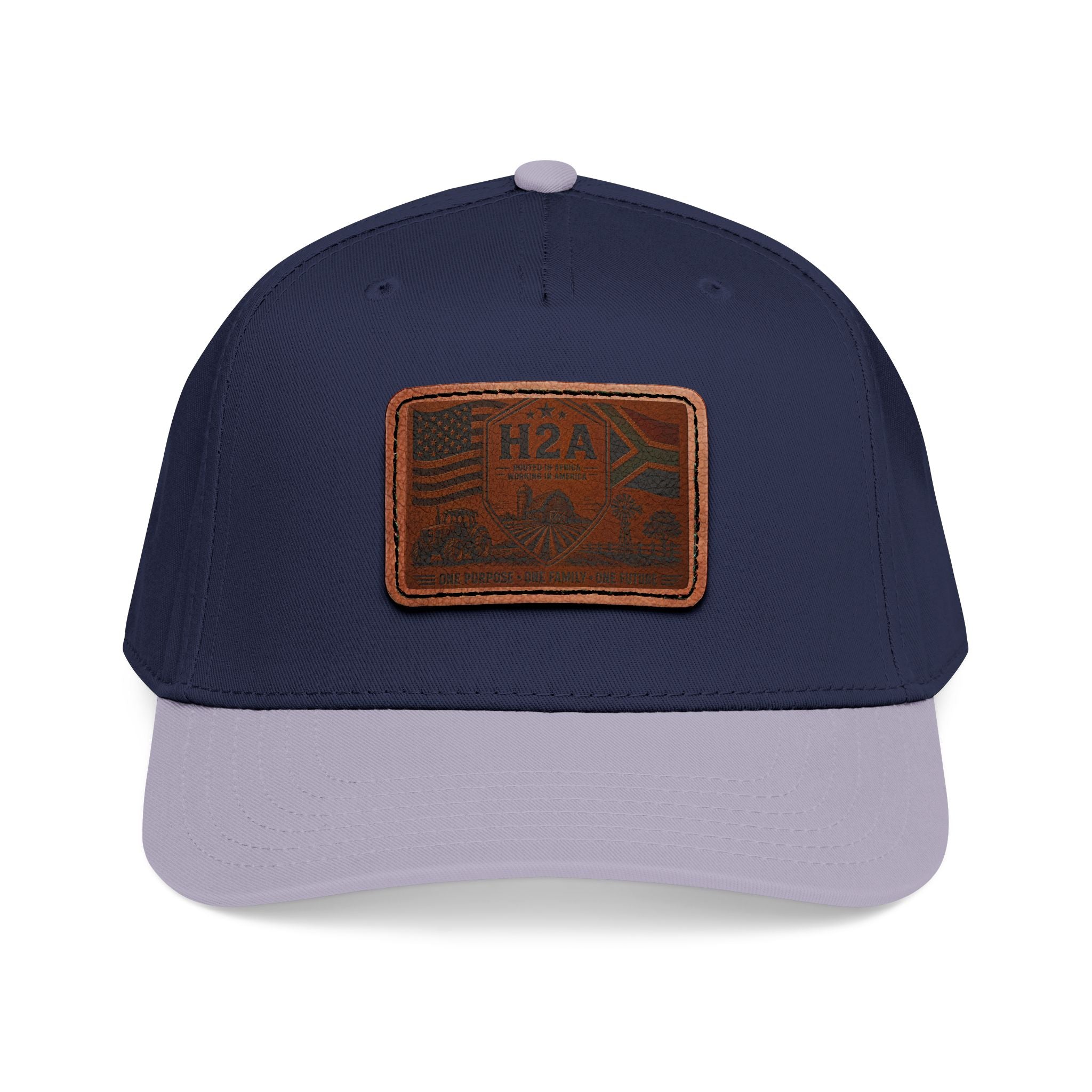 Navy and light gray baseball cap with rectangular H2A flag leather patch