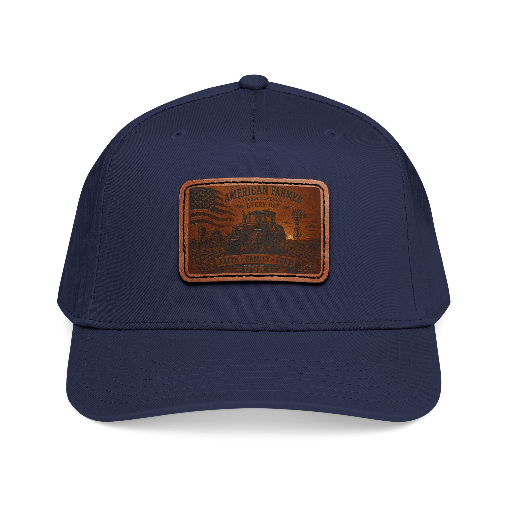 Baseball cap in navy with rectangular leather patch on front