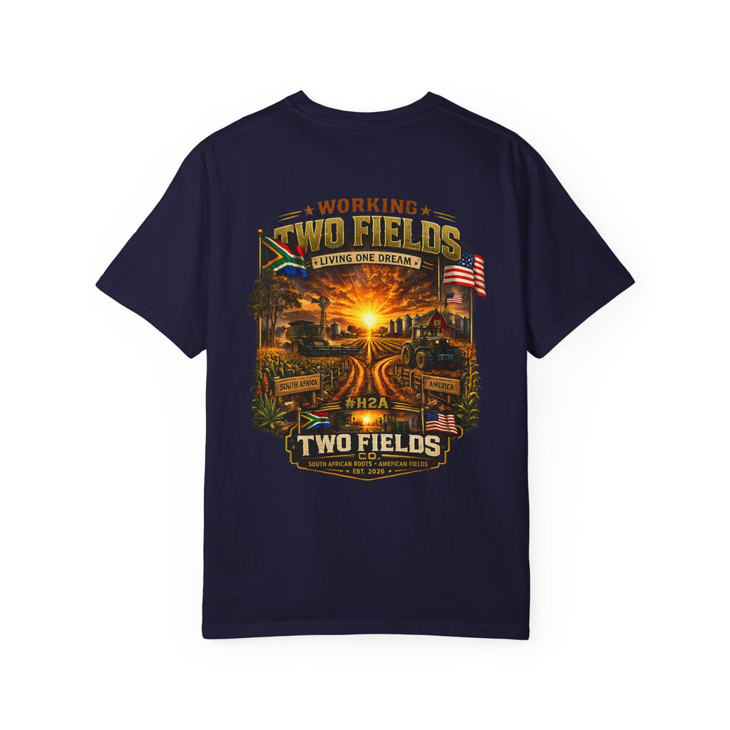 Navy crew-neck T-shirt with large Two Fields farm sunset graphic on the front.