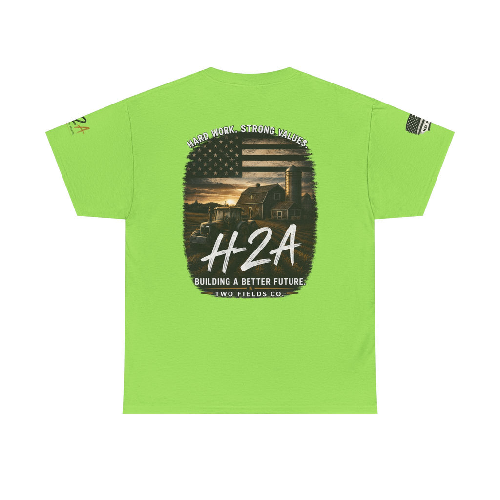 Neon green crew-neck t-shirt with large back H2A farm and American flag graphic