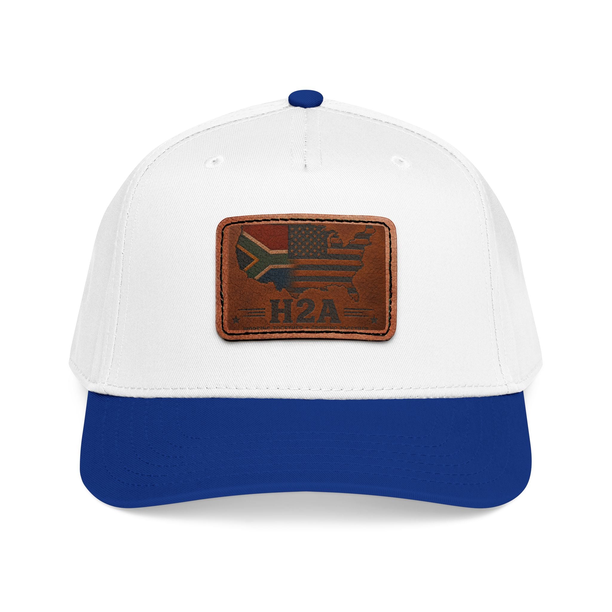 White baseball cap with blue brim and light brown rectangular H2A flag leather patch
