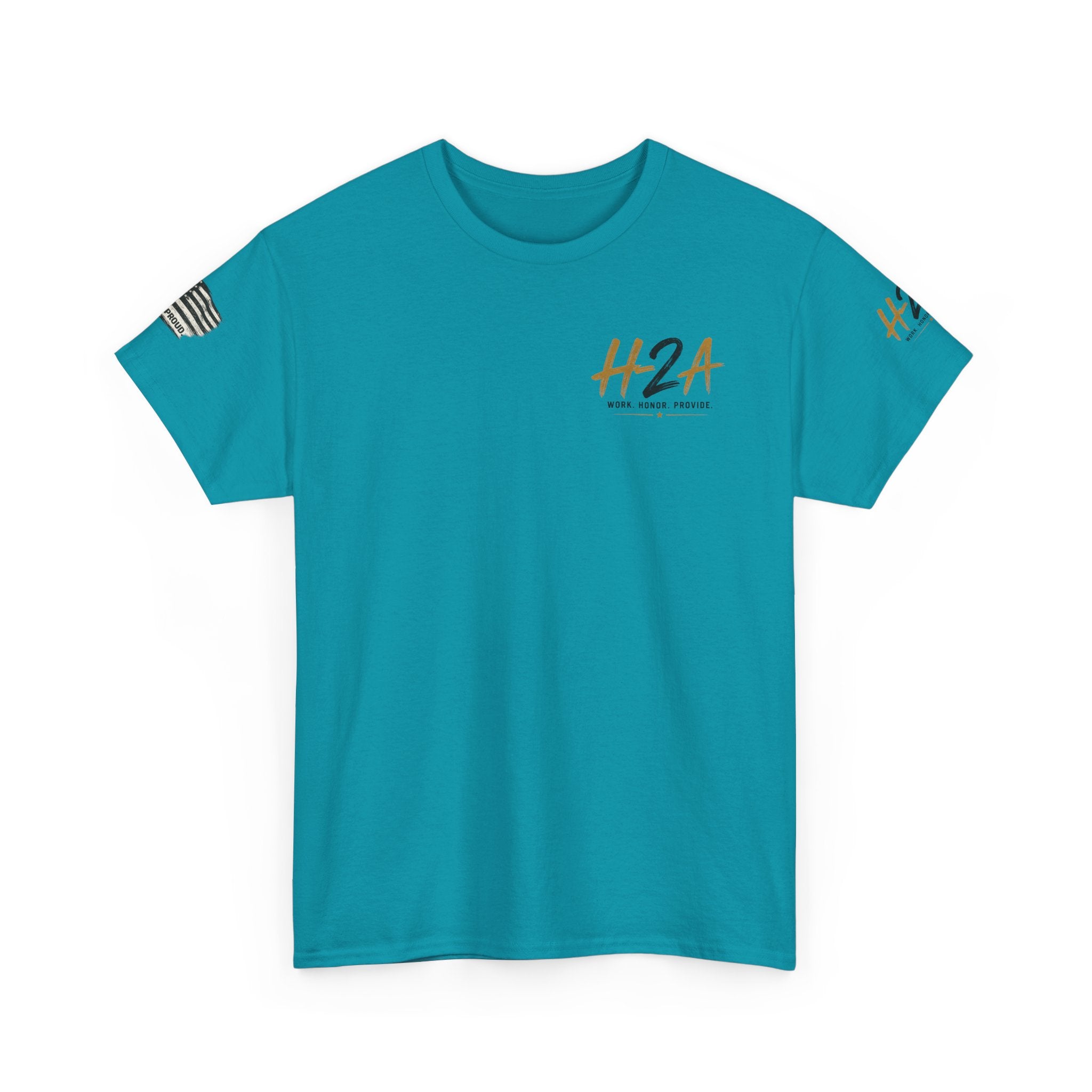 Teal farming T-shirt with small H2A chest logo and sleeve flag patch