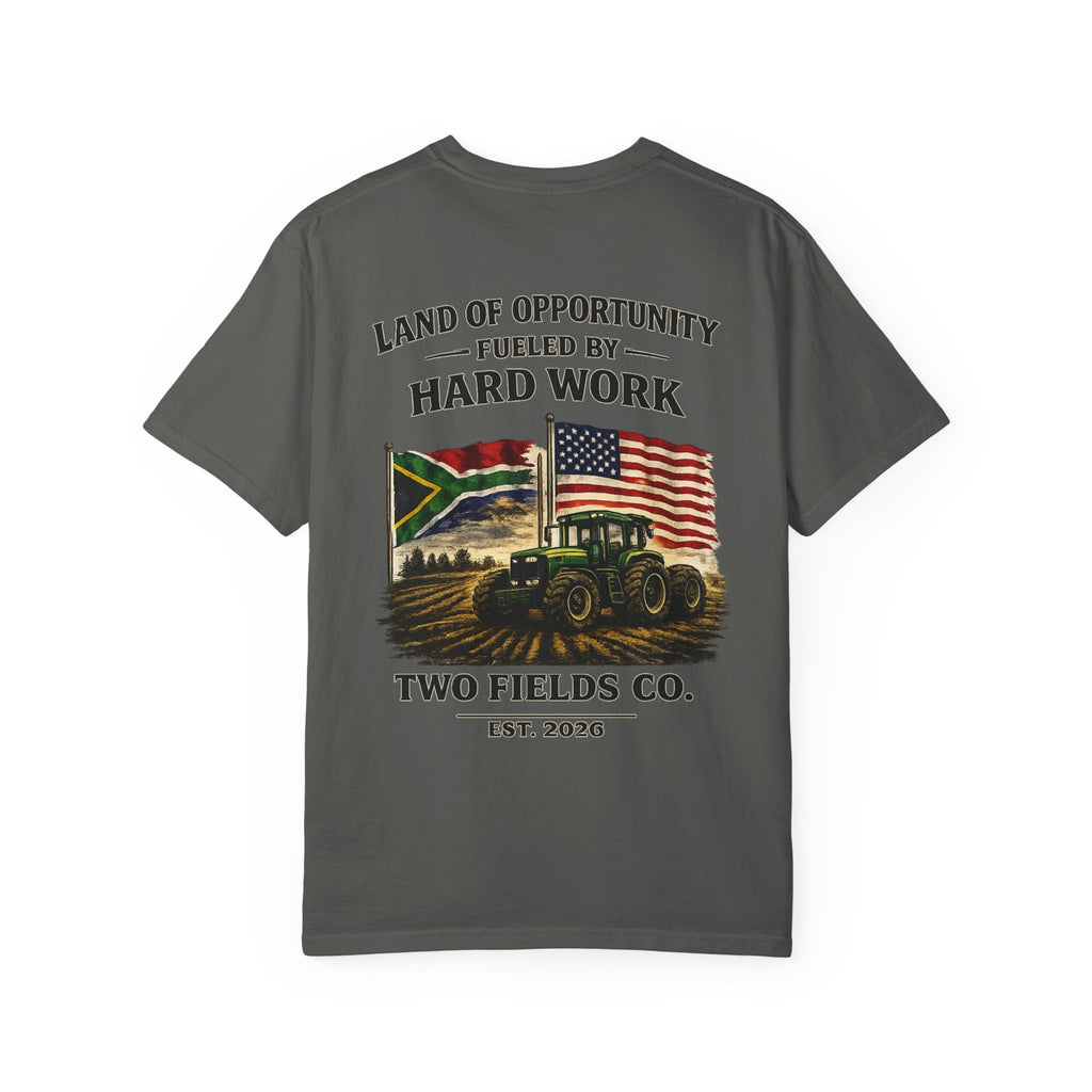 Charcoal crewneck tractor graphic t-shirt with flag text and “Two Fields Co.” logo