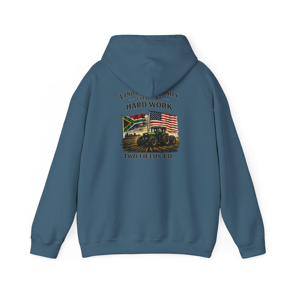 Teal vintage tractor hoodie with hood and back graphic text "Hard Work"