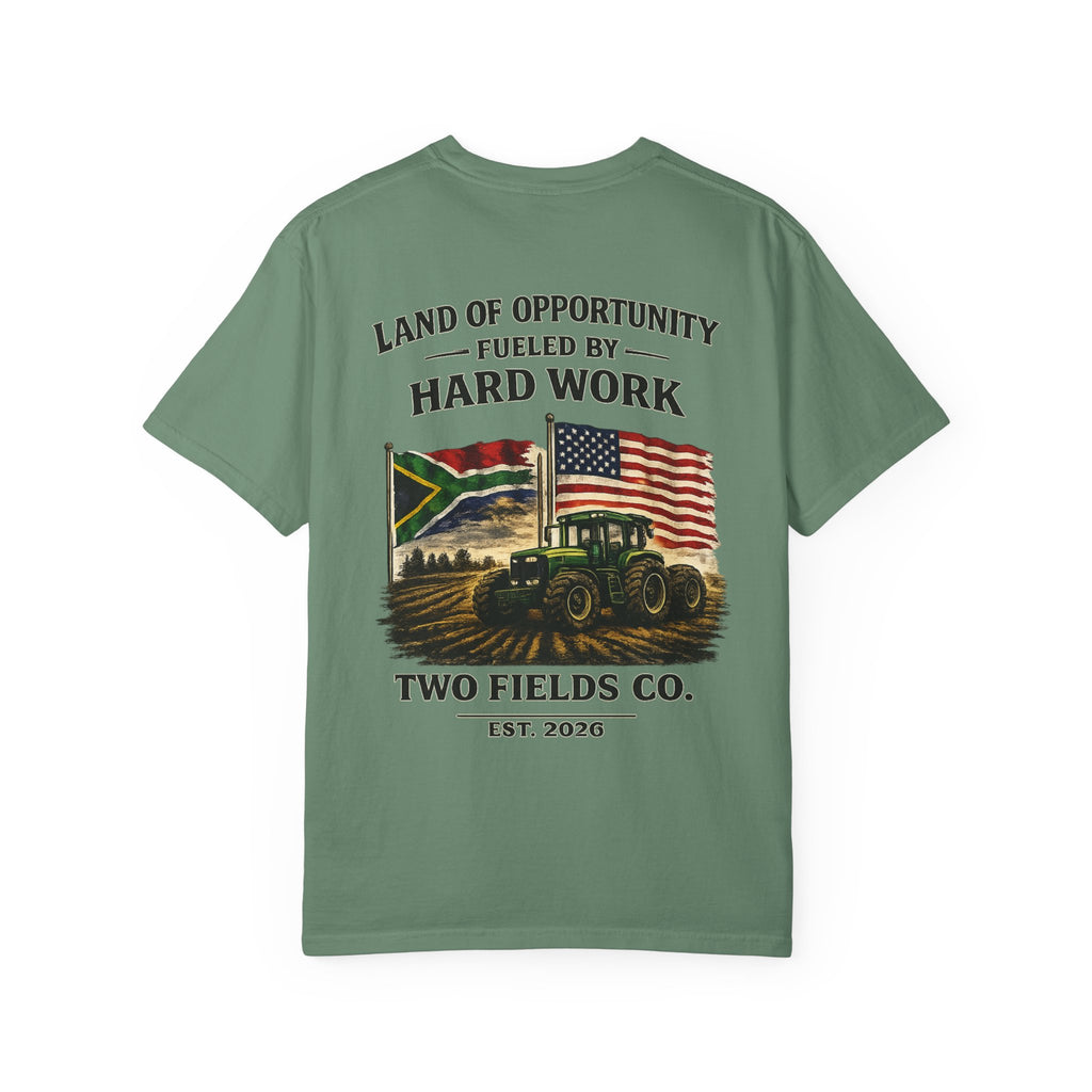 Green T-shirt with “Land of Opportunity Fueled by Hard Work” tractor and flags graphic