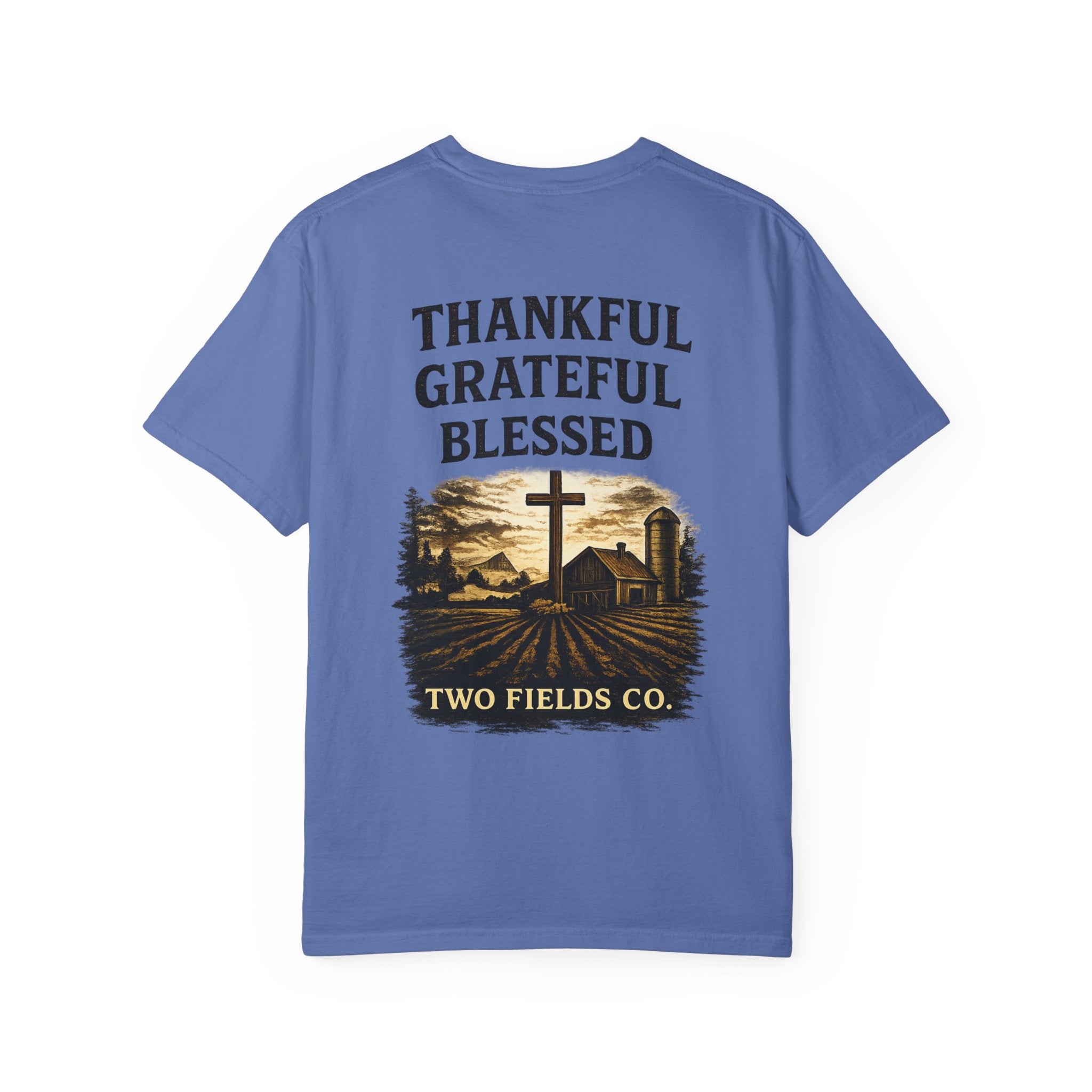 Blue T-shirt with 'THANKFUL GRATEFUL BLESSED' farm cross landscape print
