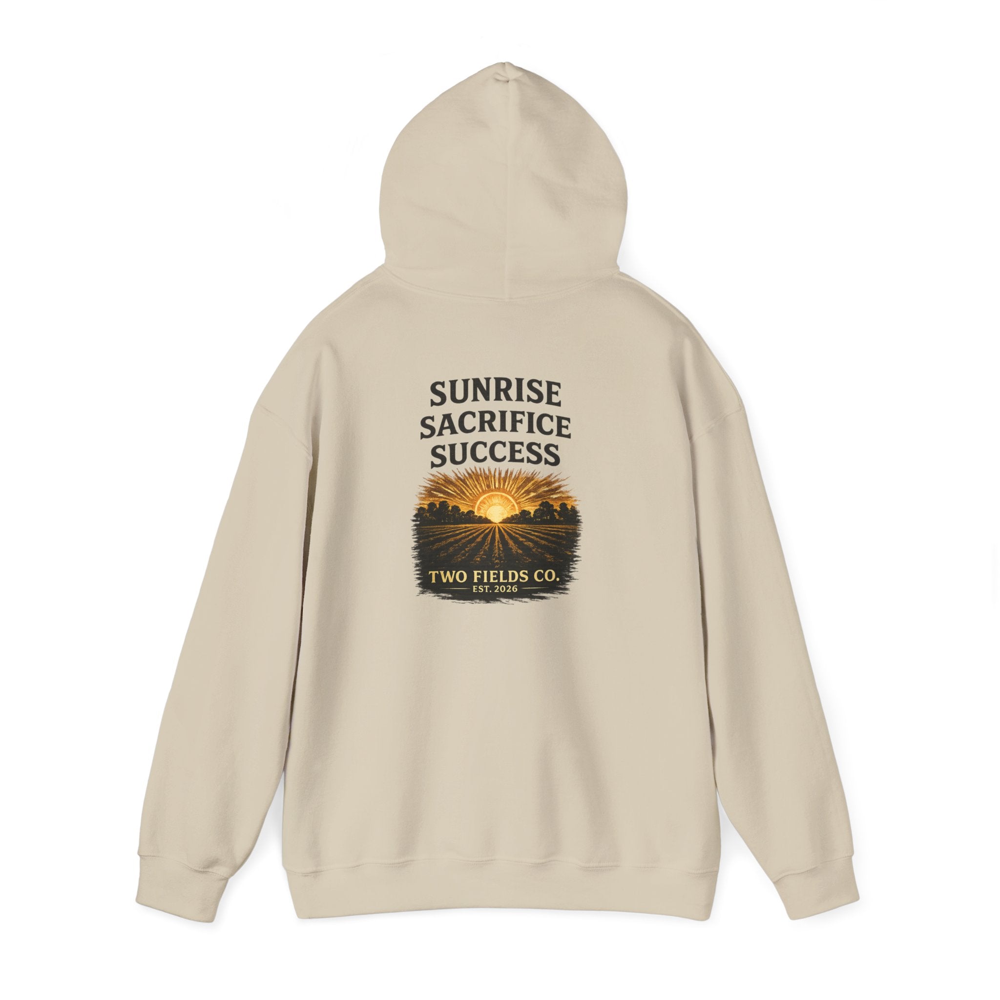Light beige hooded sweatshirt with back graphic “SUNRISE SACRIFICE SUCCESS”