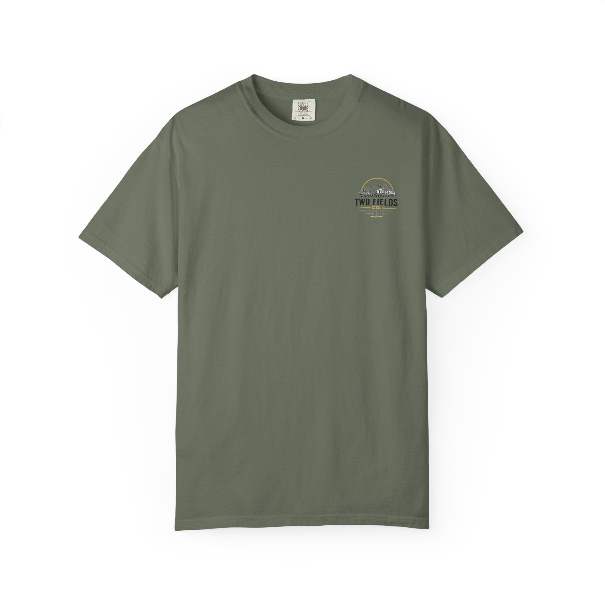 Dark green T-shirt with small chest Two Fields logo patch