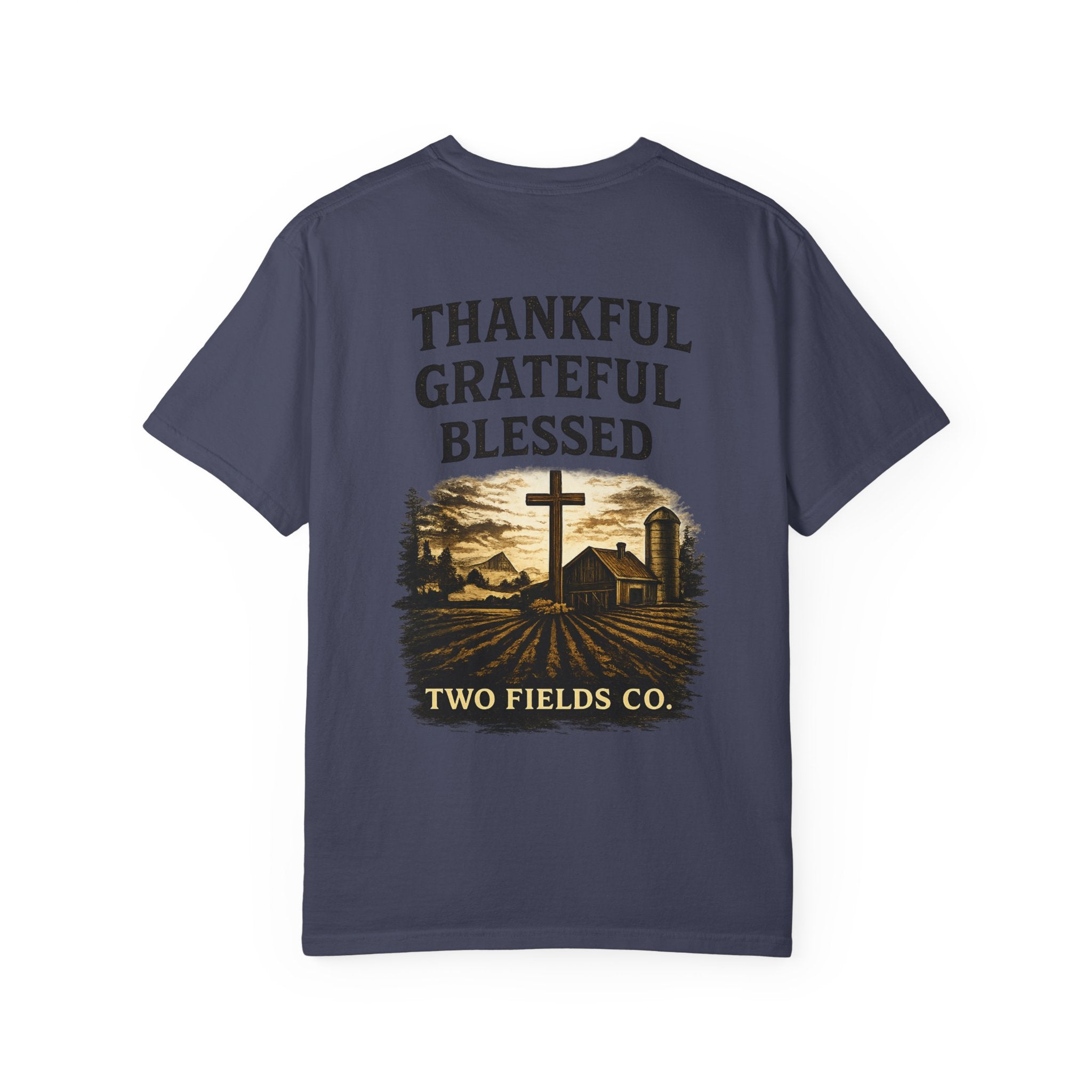 Christian farm cross graphic T-shirt, dark blue with “THANKFUL GRATEFUL BLESSED” back print