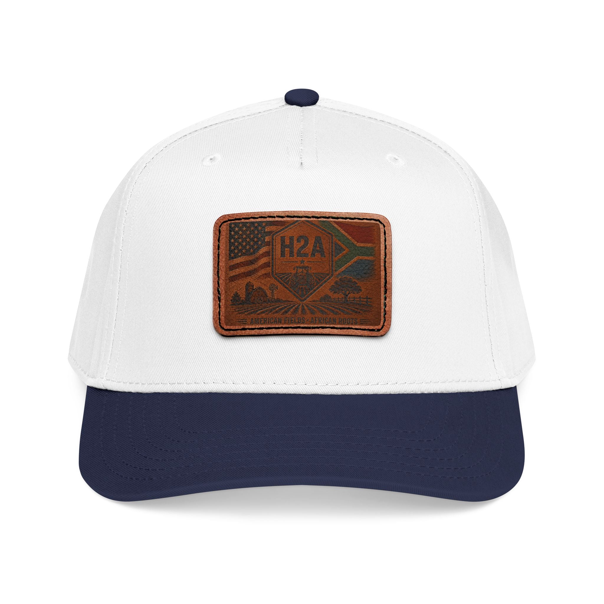 Two-tone baseball cap with white front and navy brim, rectangular H2A patch