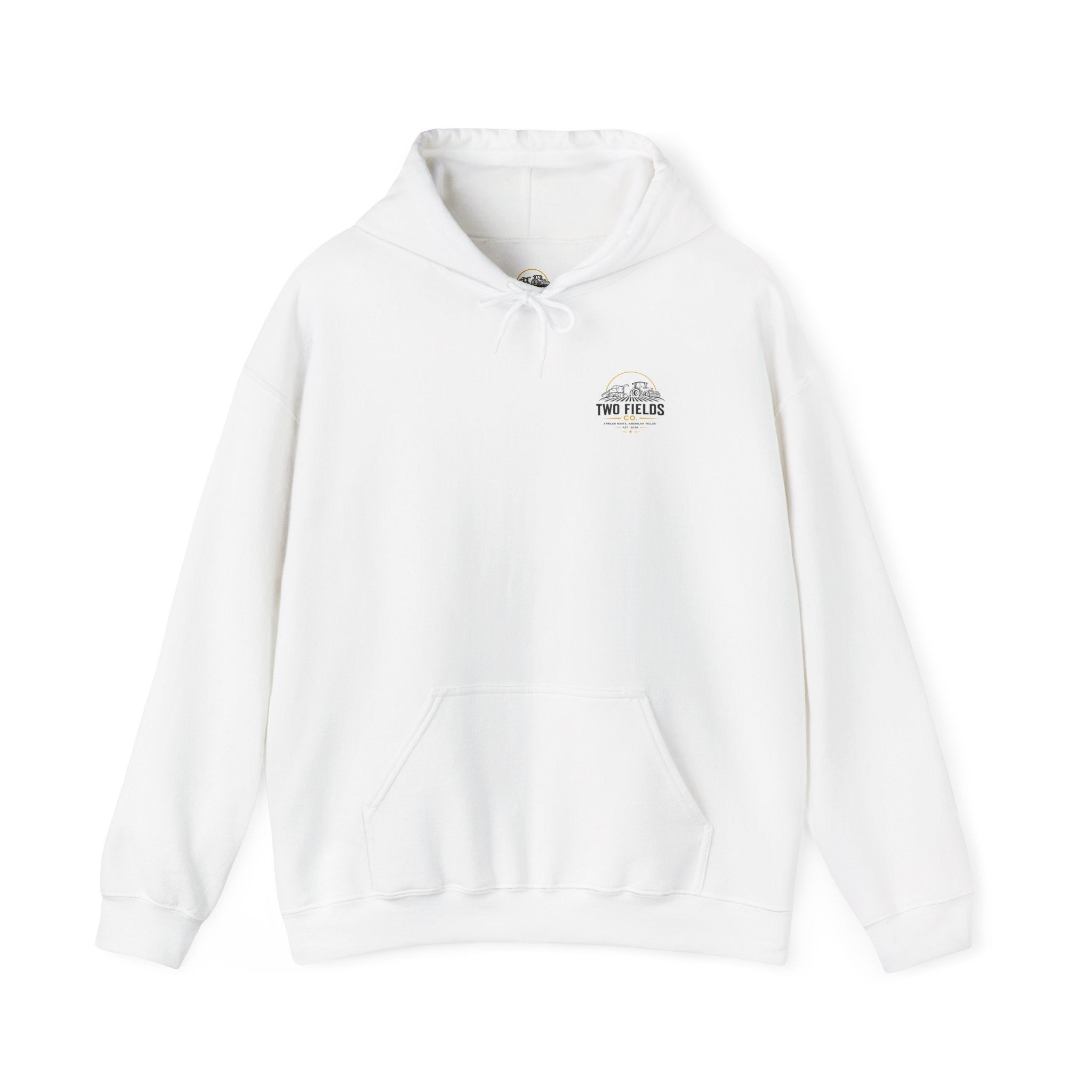 Two Fields Co. vintage tractor hoodie, white, front logo and kangaroo pocket