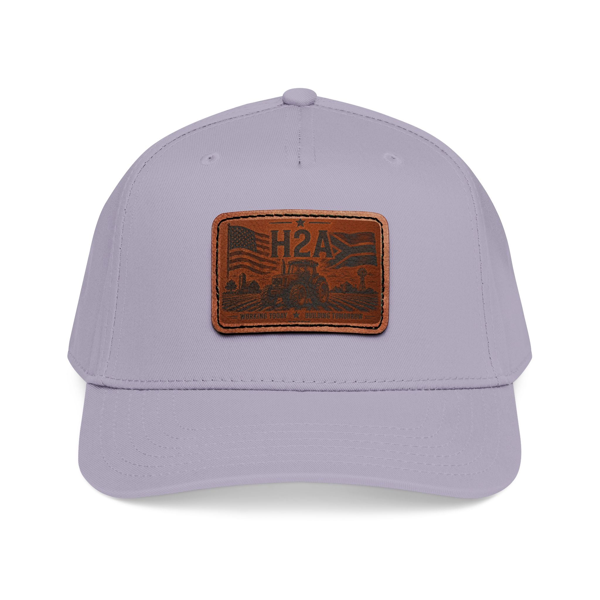 Light gray baseball cap with rectangle H2A leather patch and matching brim.
