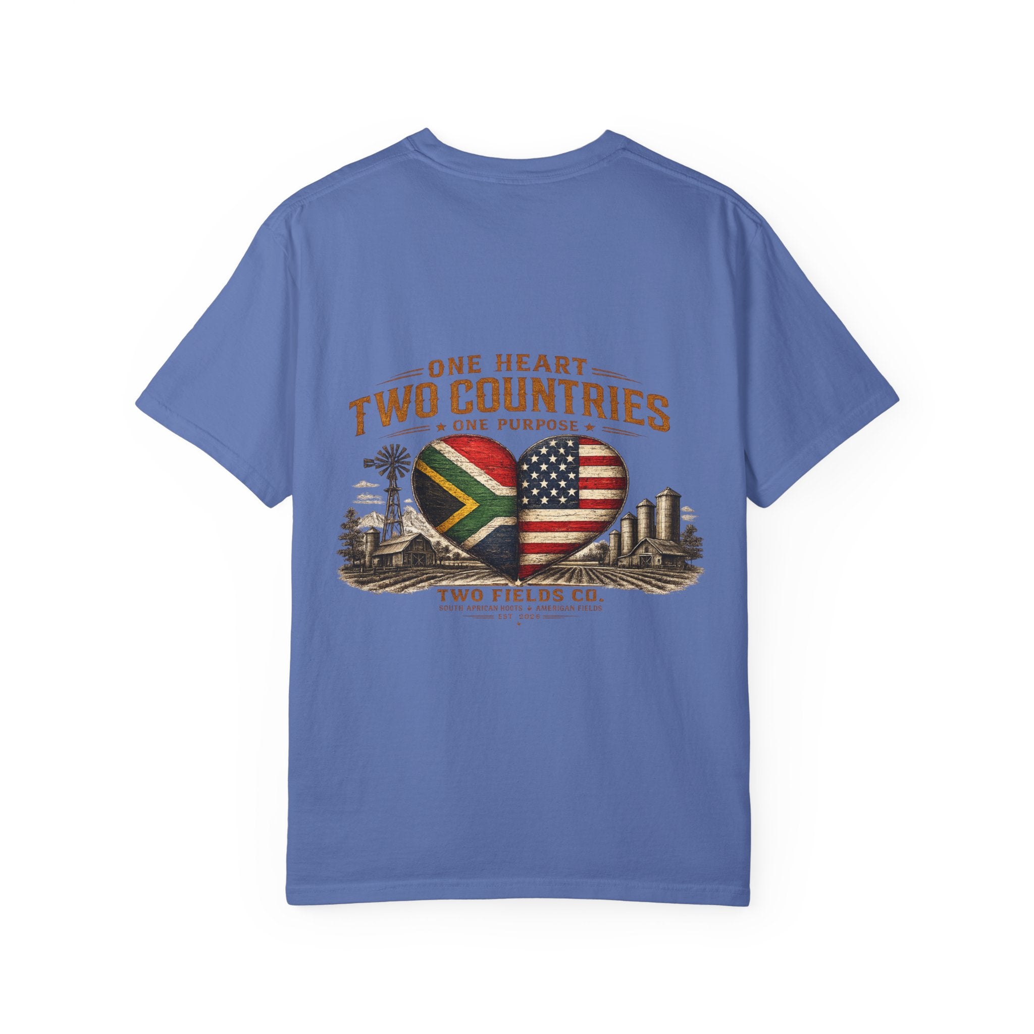 Light blue T-shirt with large heart flags graphic and text across the chest