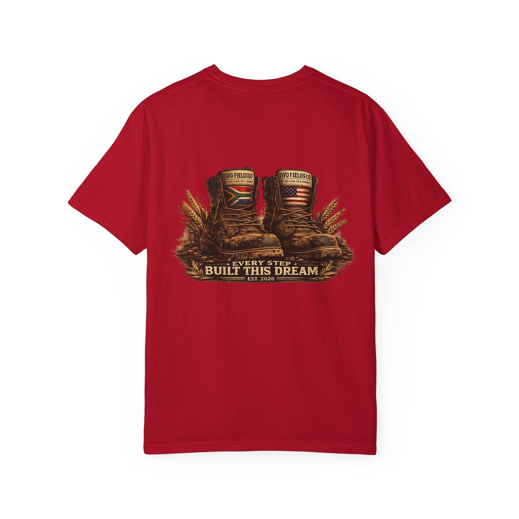 Red crew neck T-shirt with boots and “Every Step Built This Dream” graphic.