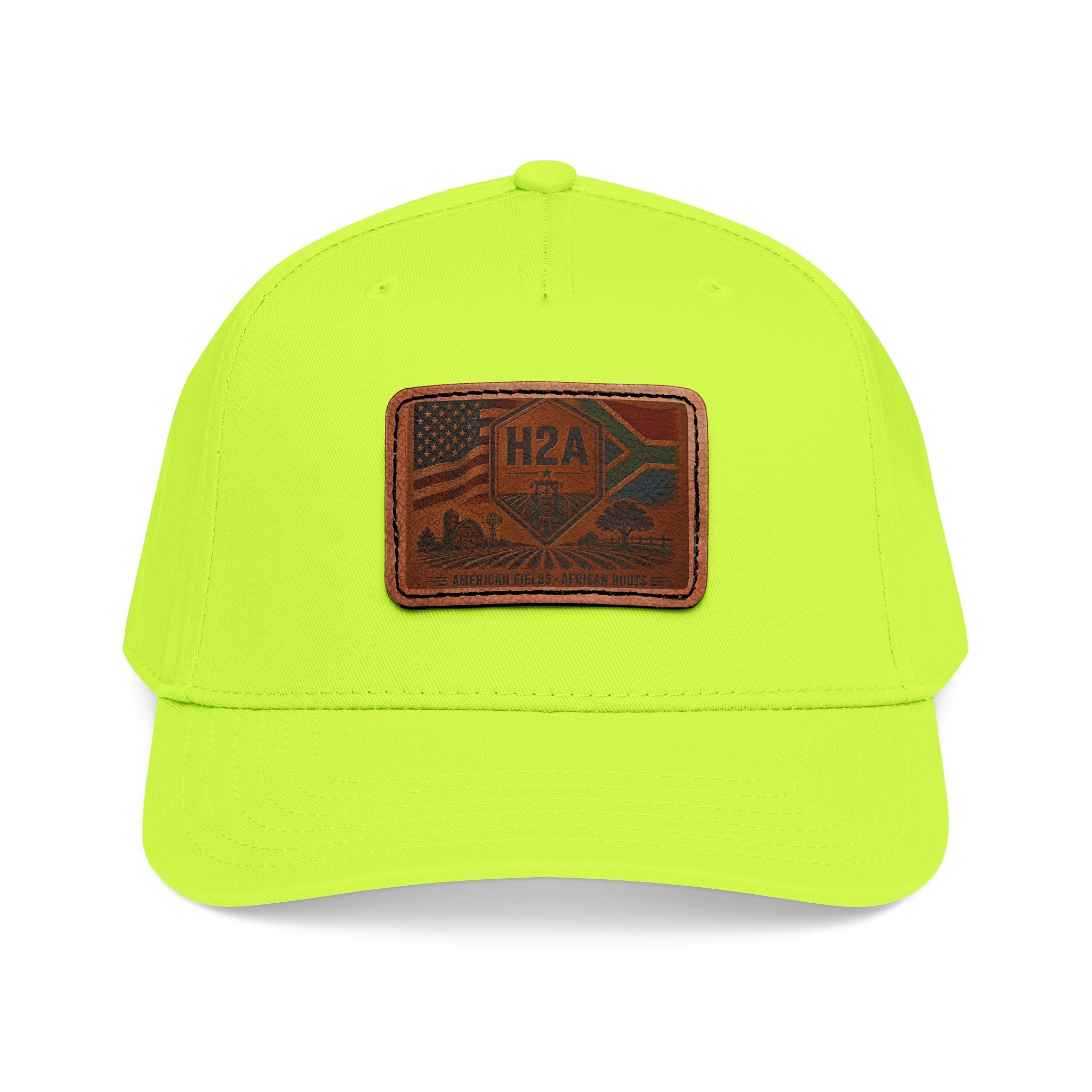Lime green baseball cap with rectangular H2A flag leather patch.