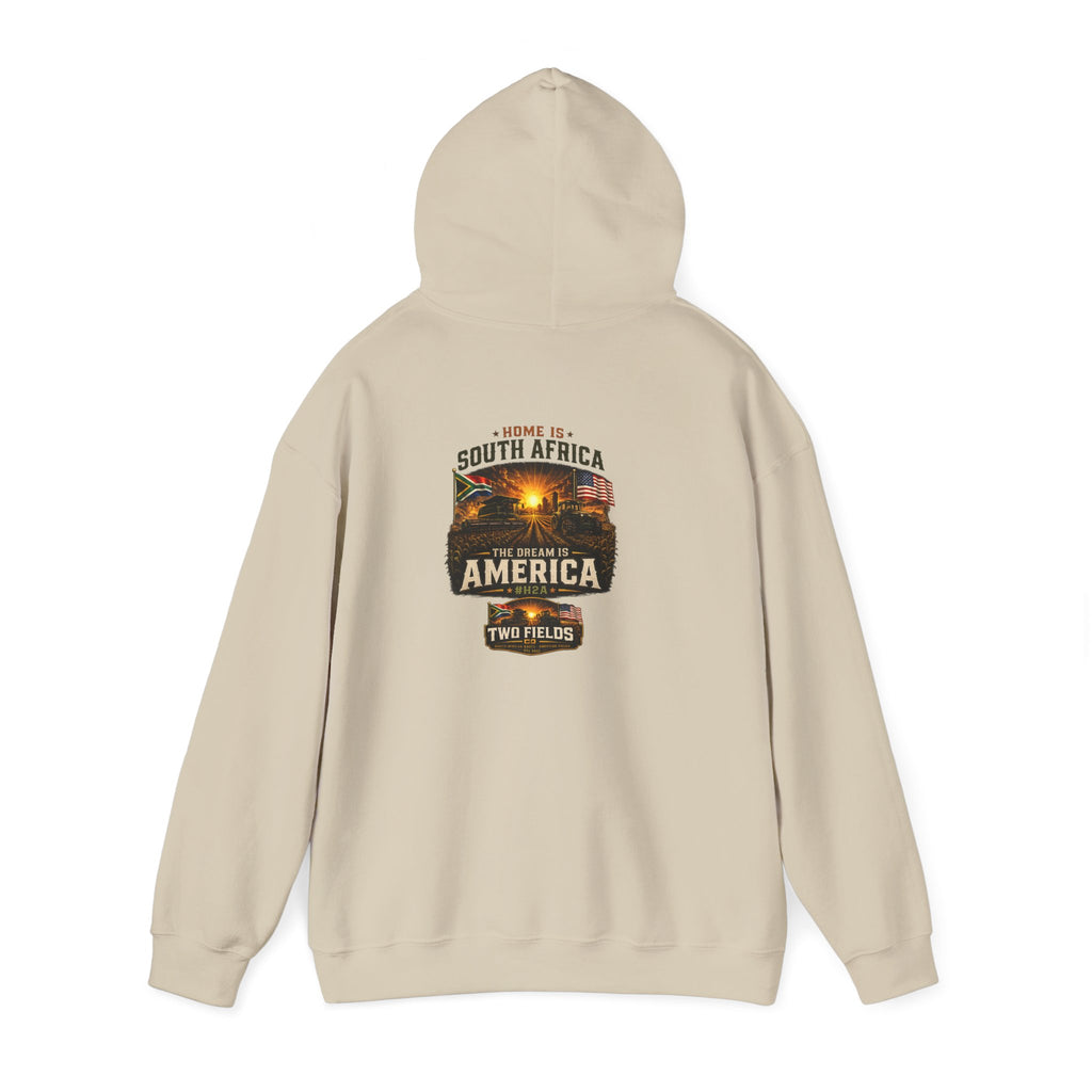 Cream zipless pullover hoodie with “South Africa America Two Fields” graphic on back.